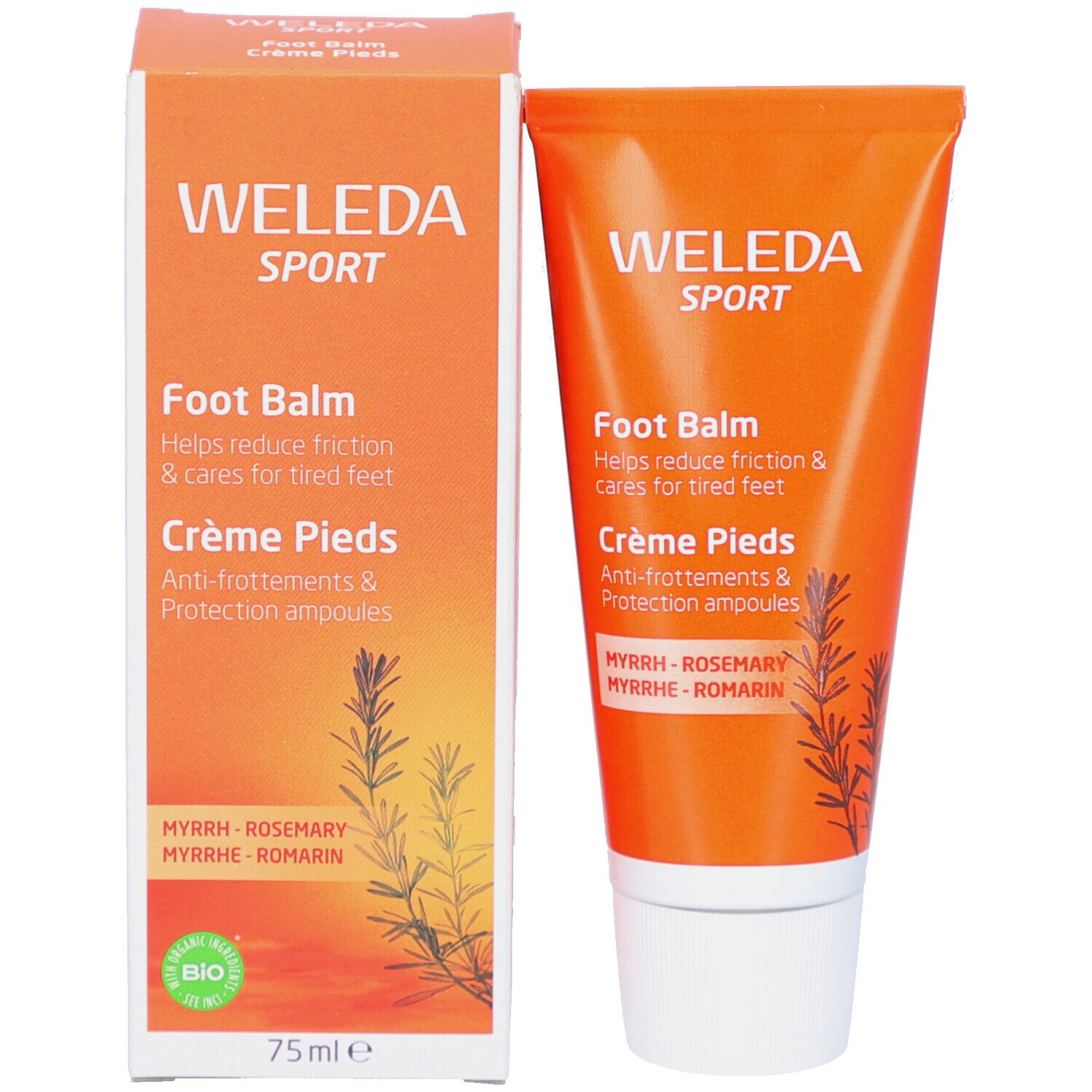 Produkt und Verpackung. Orange Tube und Schachtel. Enthält Weleda Sport Foot Balm. Text: Foot Balm, Crème Pieds.