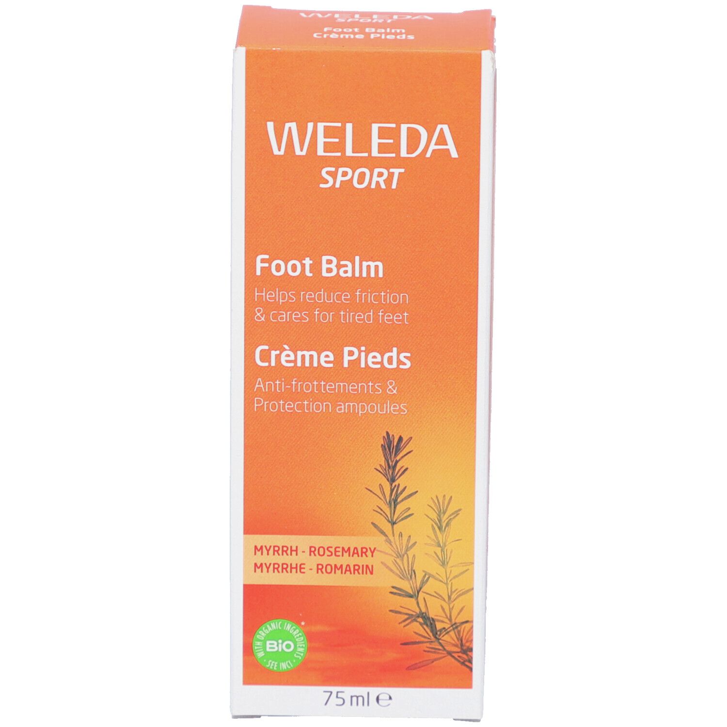 Orange Schachtel. Enthält Weleda Sport Foot Balm. Text: Foot Balm, Crème Pieds, Bio-Siegel, 75ml.