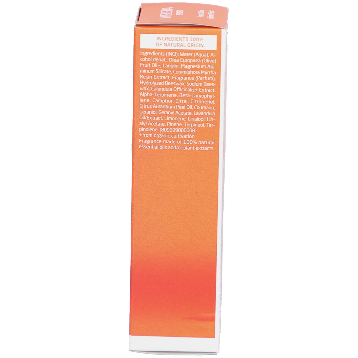 Rückseite der Schachtel. Text: Inhaltsstoffe, 100% natürlichen Ursprungs, aus biologischem Anbau.