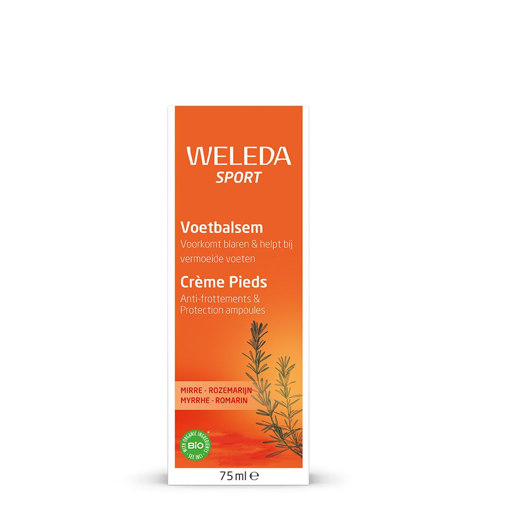 Boîte orange. Contient Weleda Sport Foot Balm. Texte: Foot Balm, Crème Pieds, label Bio, 75ml.
