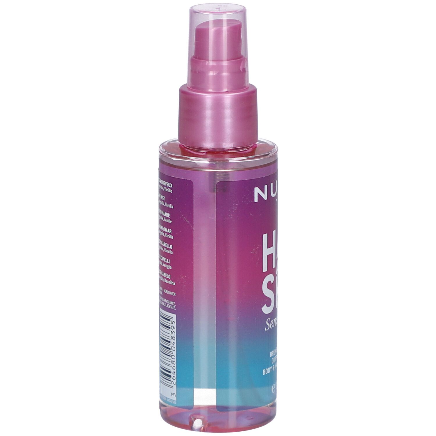 Flasche mit rosa Sprühkopf. Aufschrift: Nuxe Paris, Hair and Skin, Sensual Era. Text in mehreren Sprachen.
