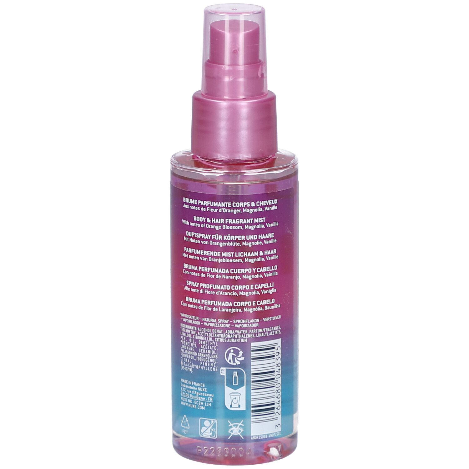 Rückseite der Flasche mit rosa Sprühkopf. Text in mehreren Sprachen. Inhaltsstoffe und Informationen.