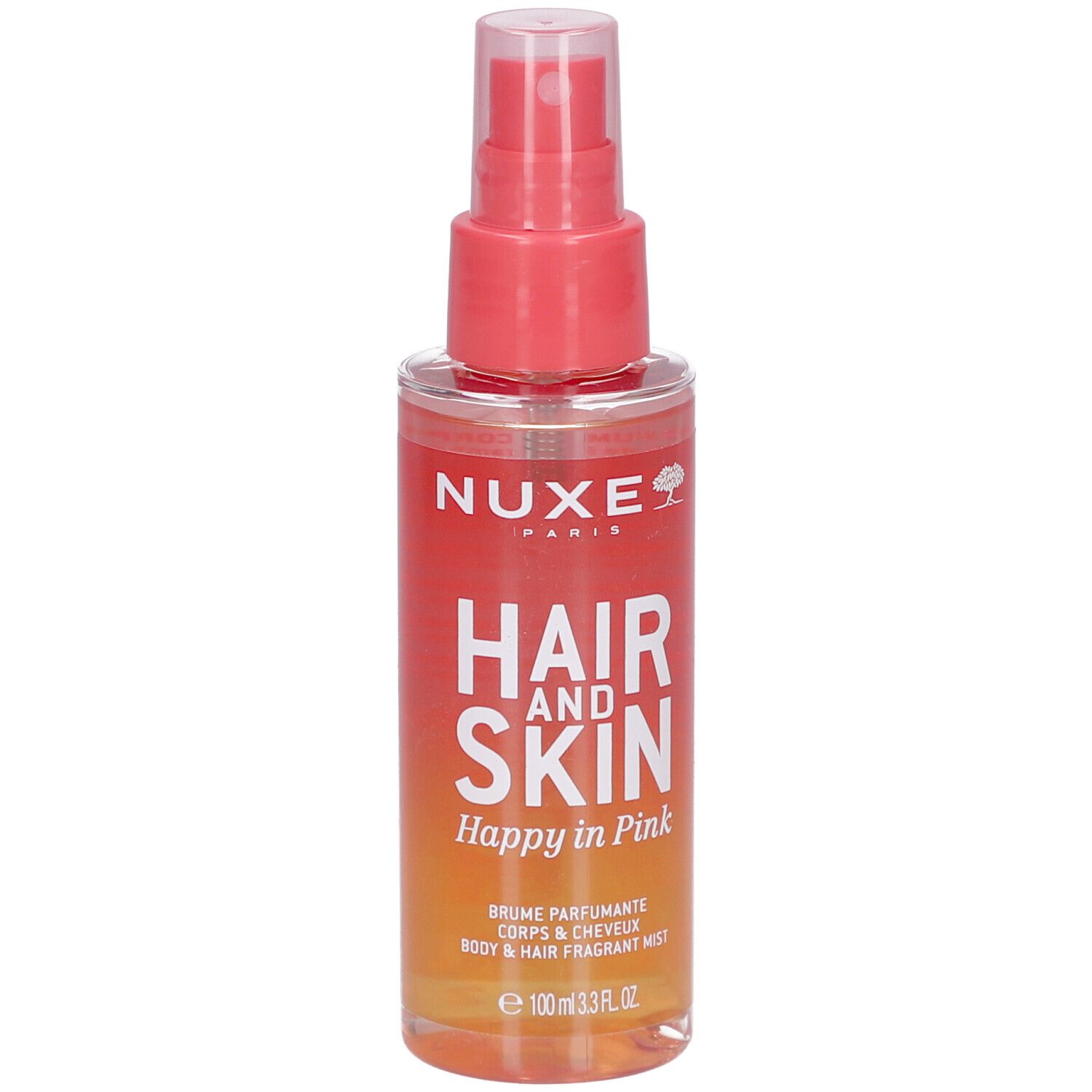 Nuxe Hair and Skin Brume, rosa-orangefarbene Flasche mit Sprühkopf. Schriftzug: Hair and Skin, Happy in Pink.