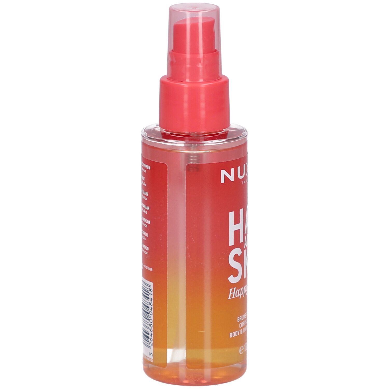 Rückansicht der rosa-orangefarbenen Flasche Nuxe Hair and Skin Brume. Text und Barcode auf dem Etikett.