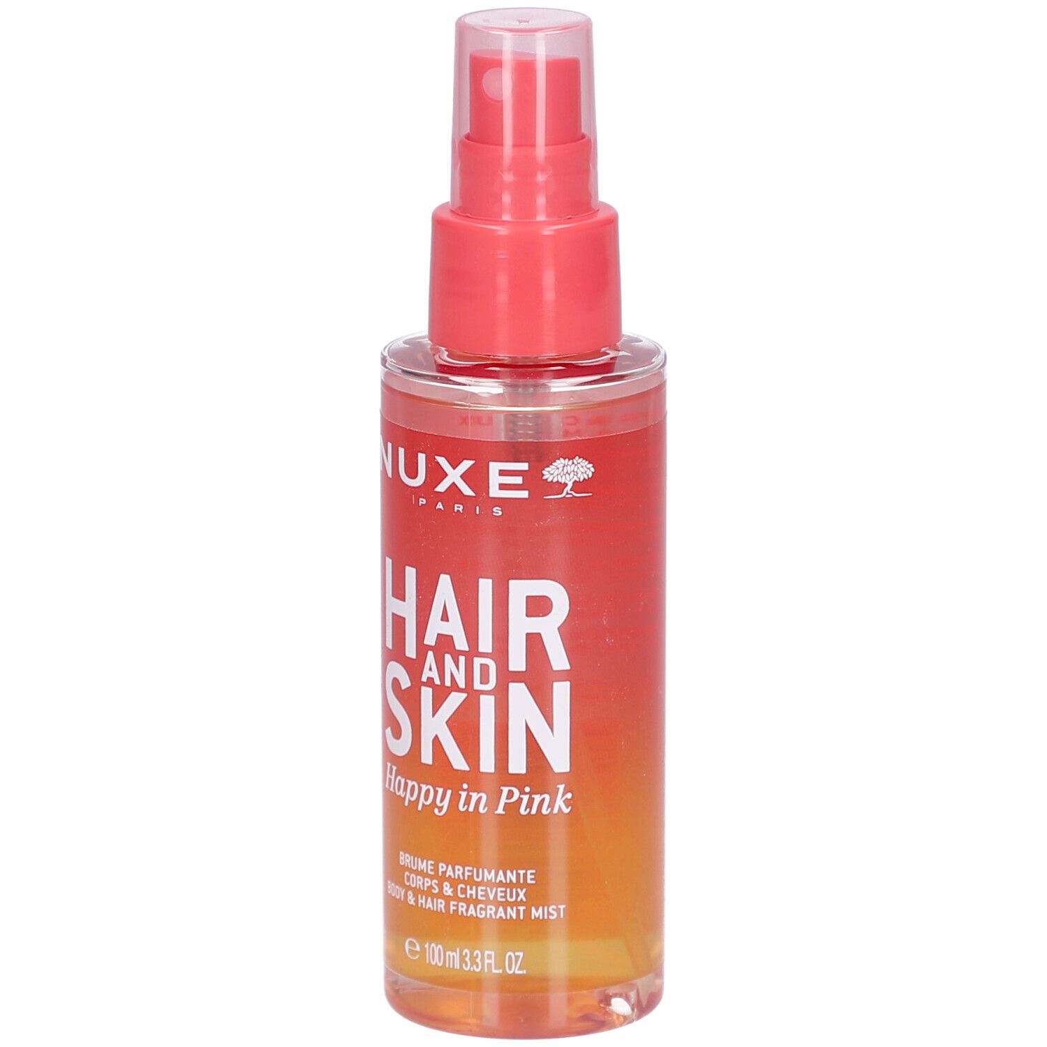 Nuxe Hair and Skin Brume, rosa-orangefarbene Flasche mit Sprühkopf. Schriftzug: Hair and Skin, Happy in Pink.