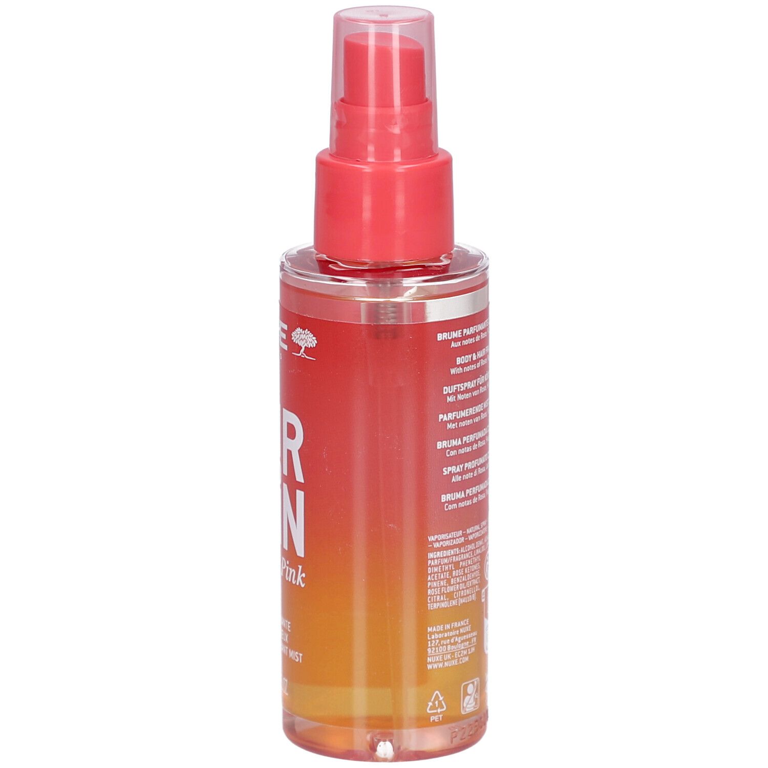 Rückansicht der rosa-orangefarbenen Flasche Nuxe Hair and Skin Brume. Text auf dem Etikett.