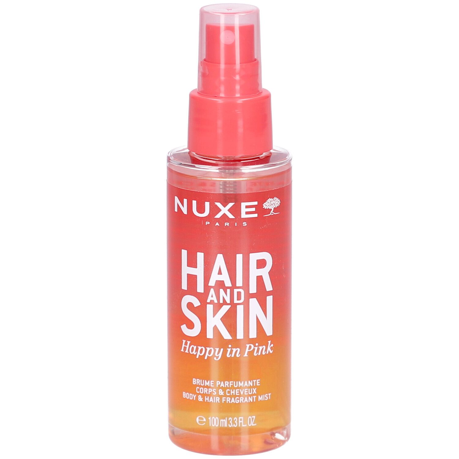 Nuxe Hair and Skin Brume, rosa-orangefarbene Flasche mit Sprühkopf. Schriftzug: Hair and Skin, Happy in Pink.