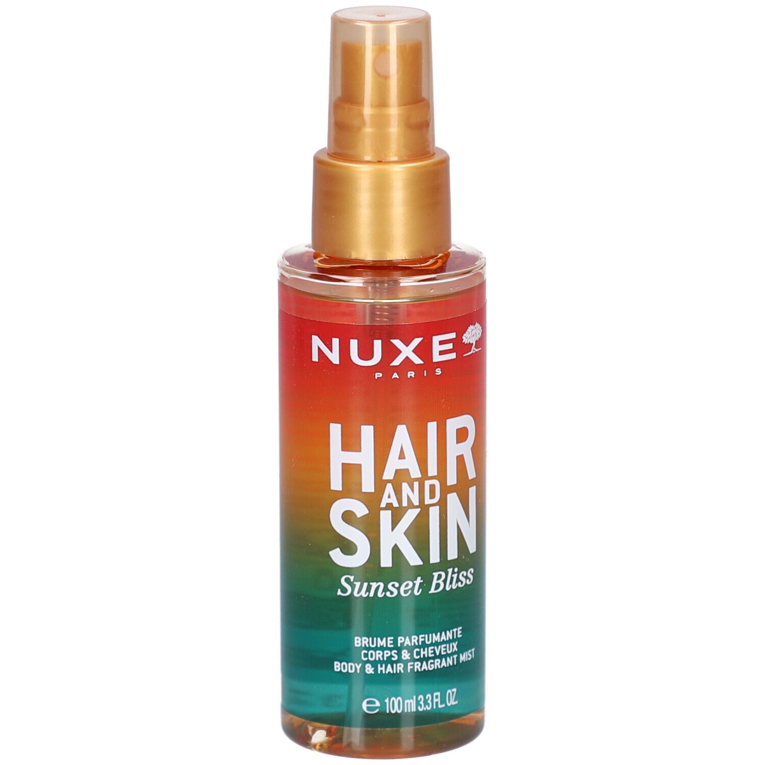 Körper- und Haarspray. Farbverlauf von Orange nach Grün. Aufschrift: Nuxe, Hair and Skin, Sunset Bliss. Sprühkopf.