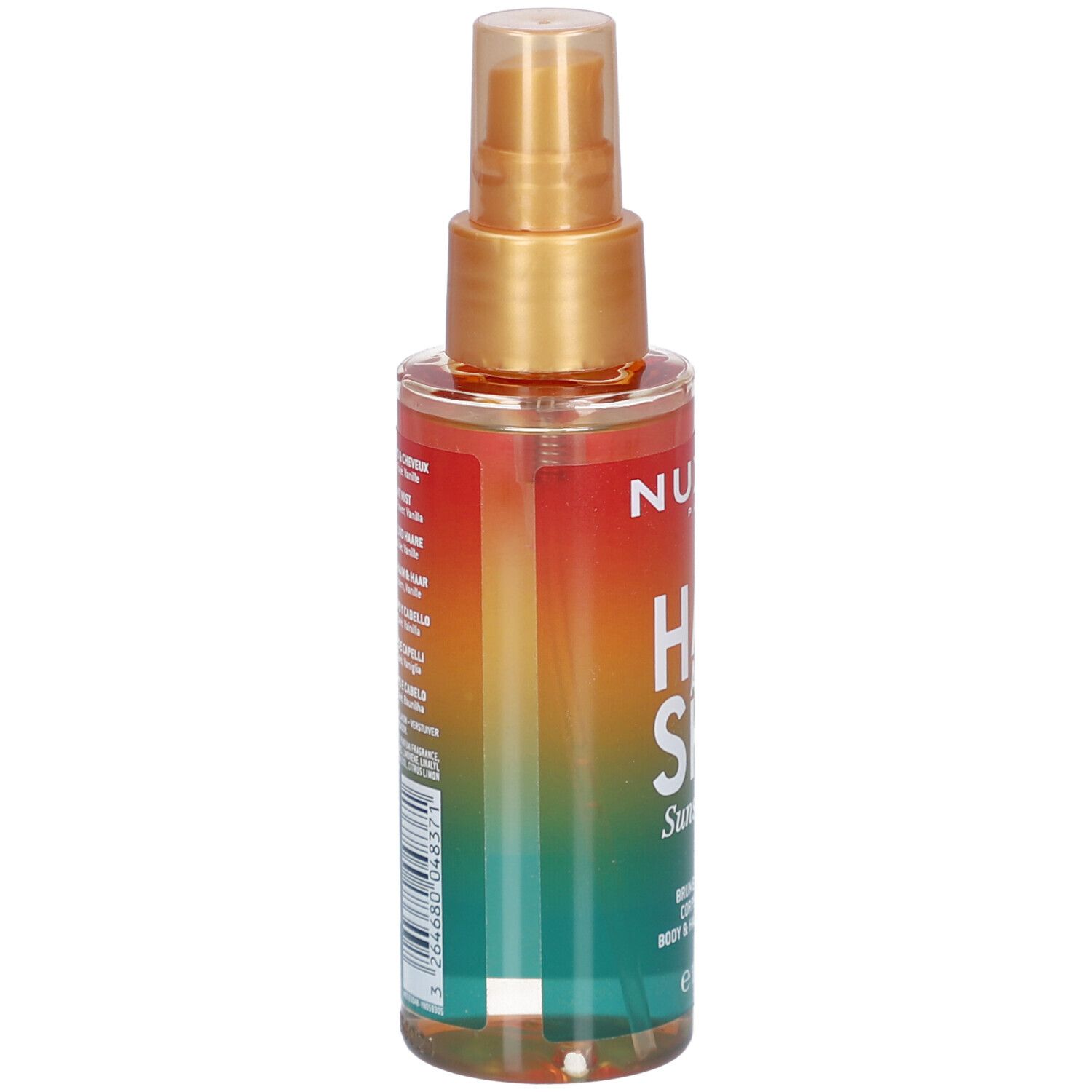 Körper- und Haarspray. Farbverlauf von Orange nach Grün. Aufschrift: Nuxe, Hair and Skin, Sunset Bliss. Rückseite mit Text.