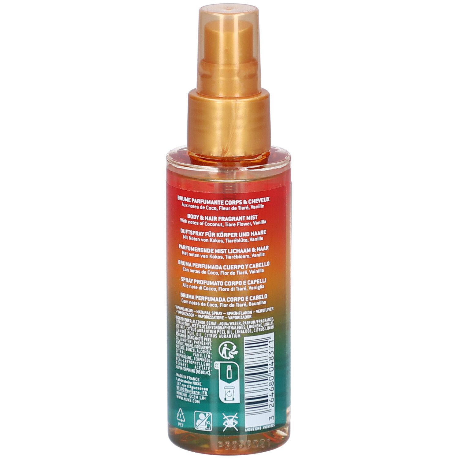 Körper- und Haarspray. Farbverlauf von Orange nach Grün. Rückseite mit Text. Inhaltsstoffe und Informationen.