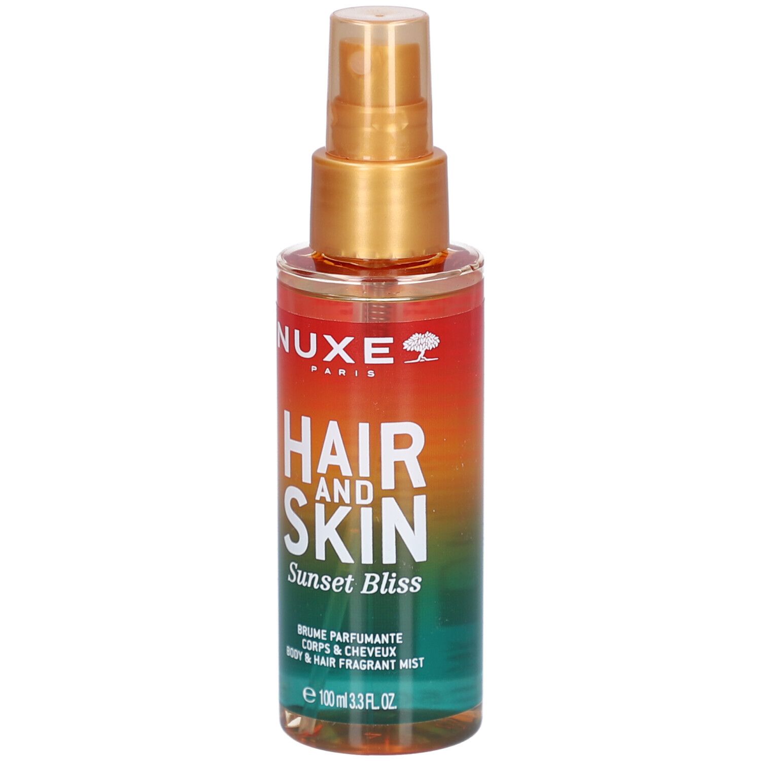 Körper- und Haarspray. Farbverlauf von Orange nach Grün. Aufschrift: Nuxe, Hair and Skin, Sunset Bliss. Sprühkopf.