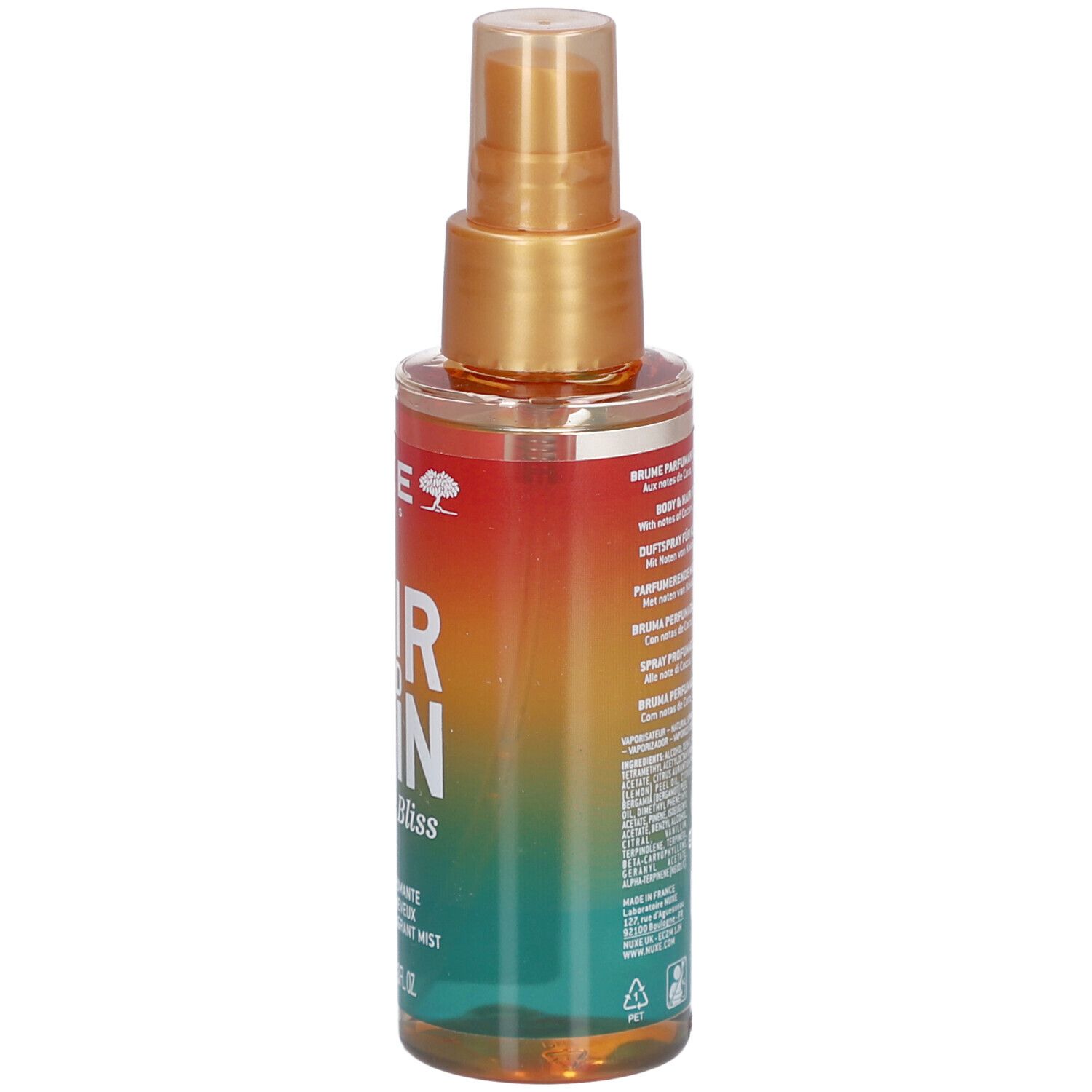 Körper- und Haarspray. Farbverlauf von Orange nach Grün. Rückseite mit Text. Inhaltsstoffe und Informationen.