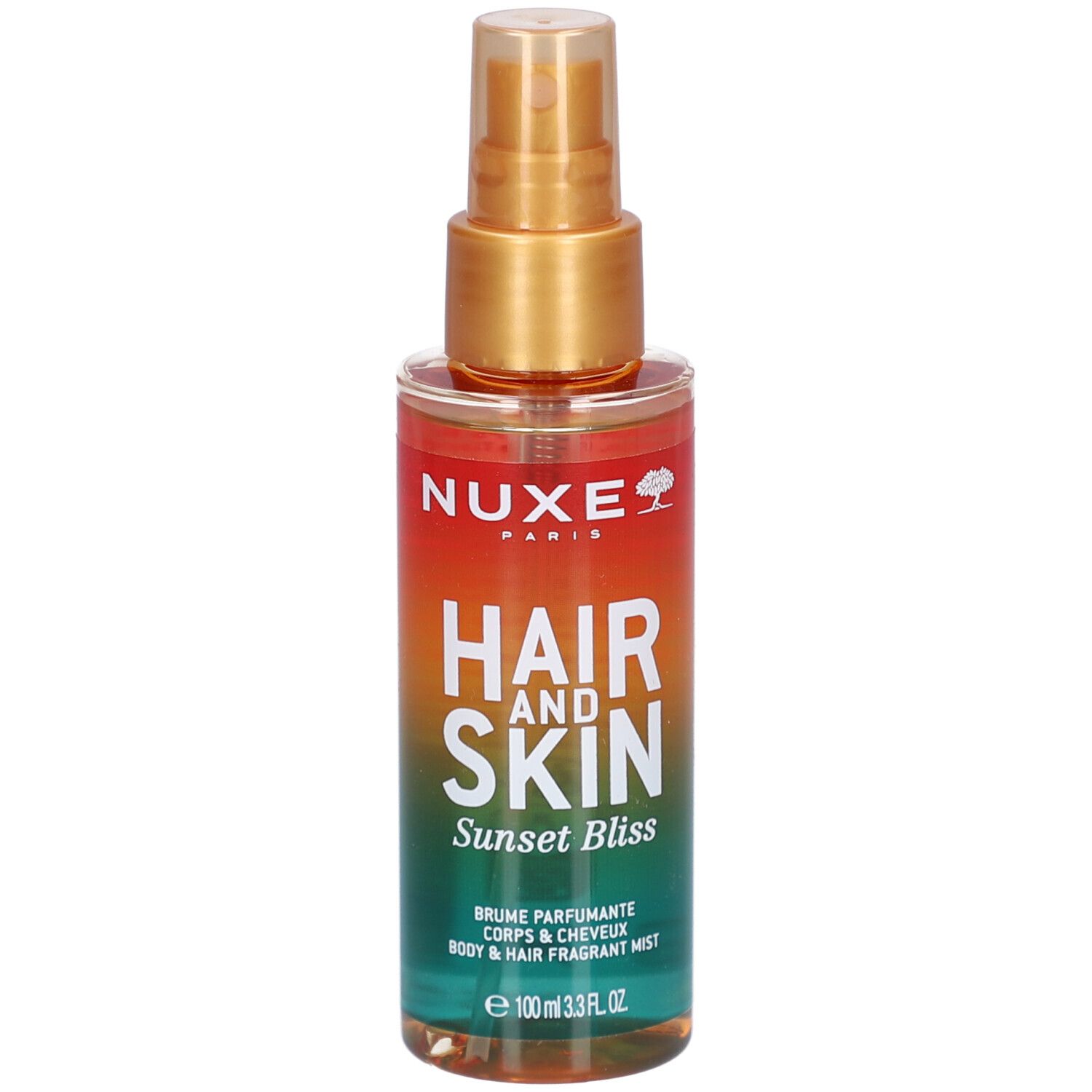 Körper- und Haarspray. Farbverlauf von Orange nach Grün. Aufschrift: Nuxe, Hair and Skin, Sunset Bliss. Sprühkopf.