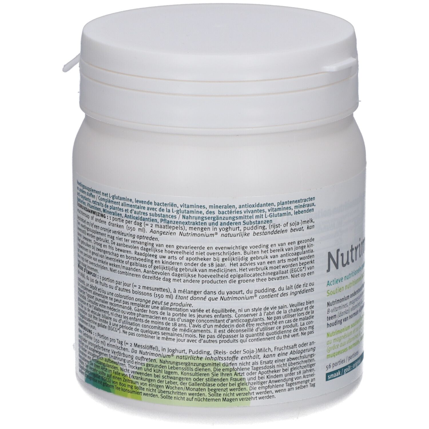 Dos du pot blanc Nutrimonium. Texte avec ingrédients et instructions d'utilisation. Logo Metagenics.