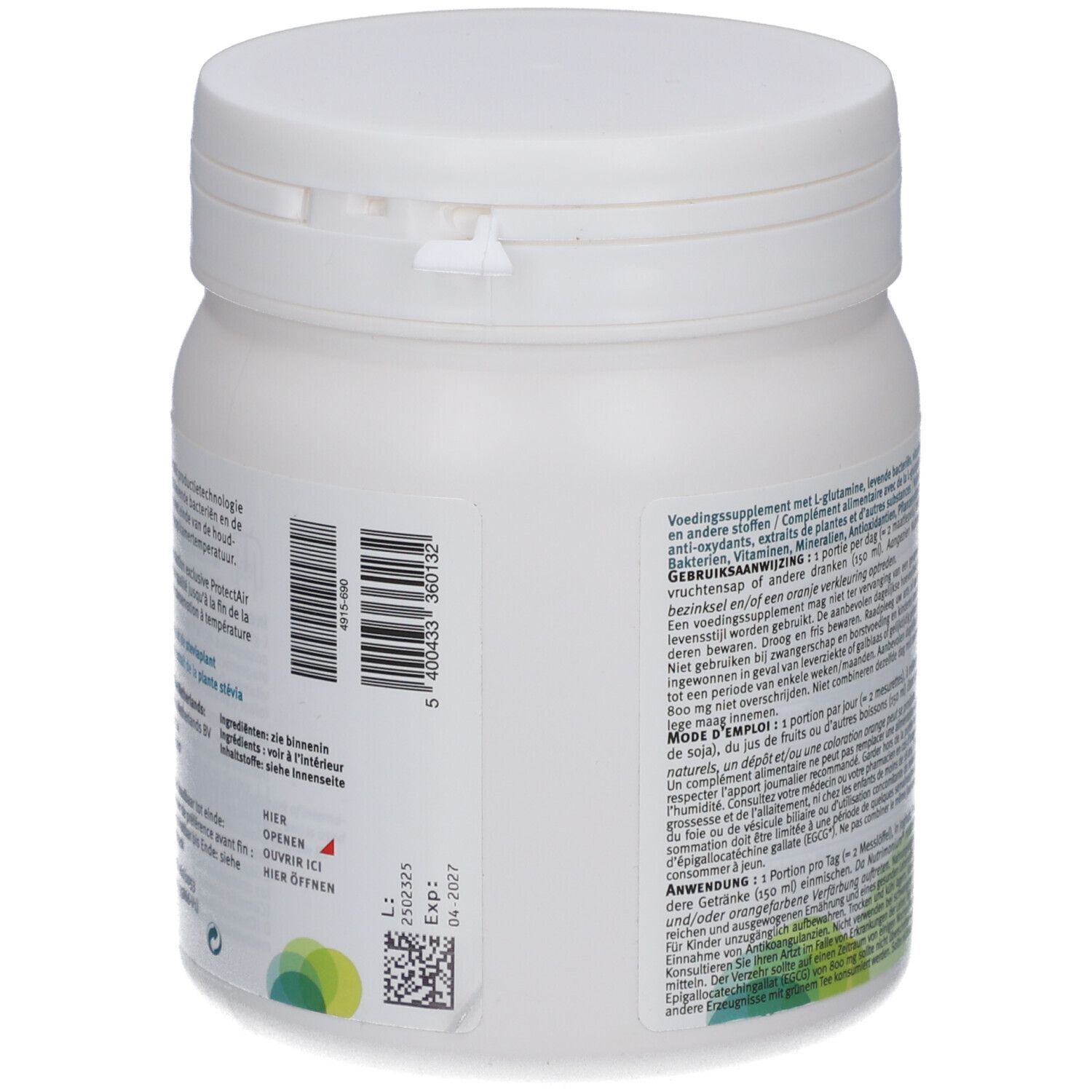 Vue latérale du pot blanc Nutrimonium. Code-barres, date de péremption et autres informations.
