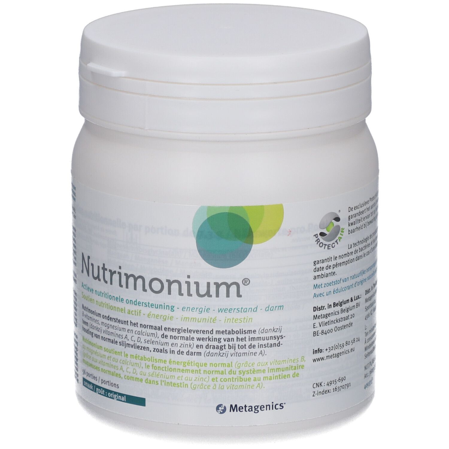 Pot Nutrimonium blanc avec logo et texte. Inscription : Active nutritionelle ondersteuning. Logo Metagenics. Logo ProtectAir.