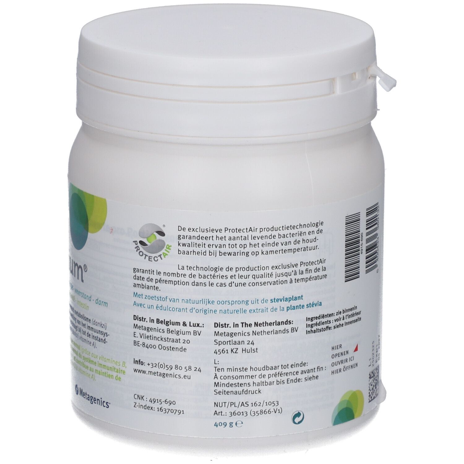 Dos du pot Nutrimonium blanc. Texte avec informations ProtectAir et ingrédients. Logo Metagenics.