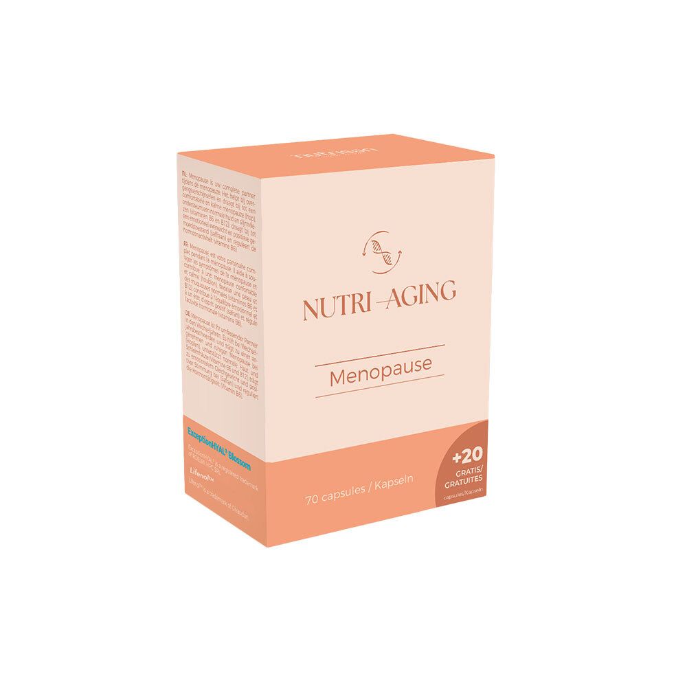 Kartonverpackung NUTRI-AGING Menopause. Logo und Text in Rosa und Weiß. 70 Kapseln + 20 Gratis.