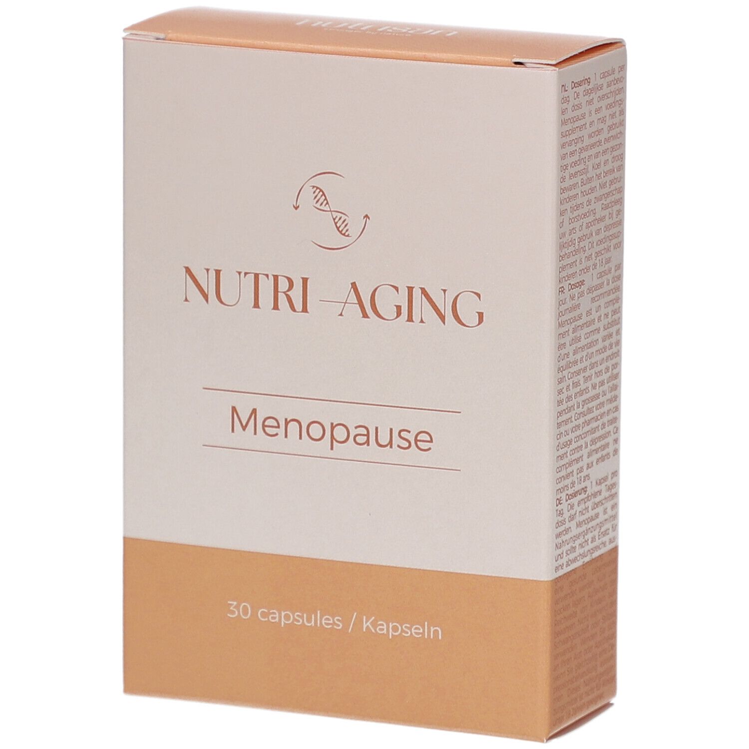Kartonverpackung mit Produktnamen NUTRI-AGING Menopause. 30 Kapseln. Logo mit zwei sich kreuzenden DNA-Strängen.