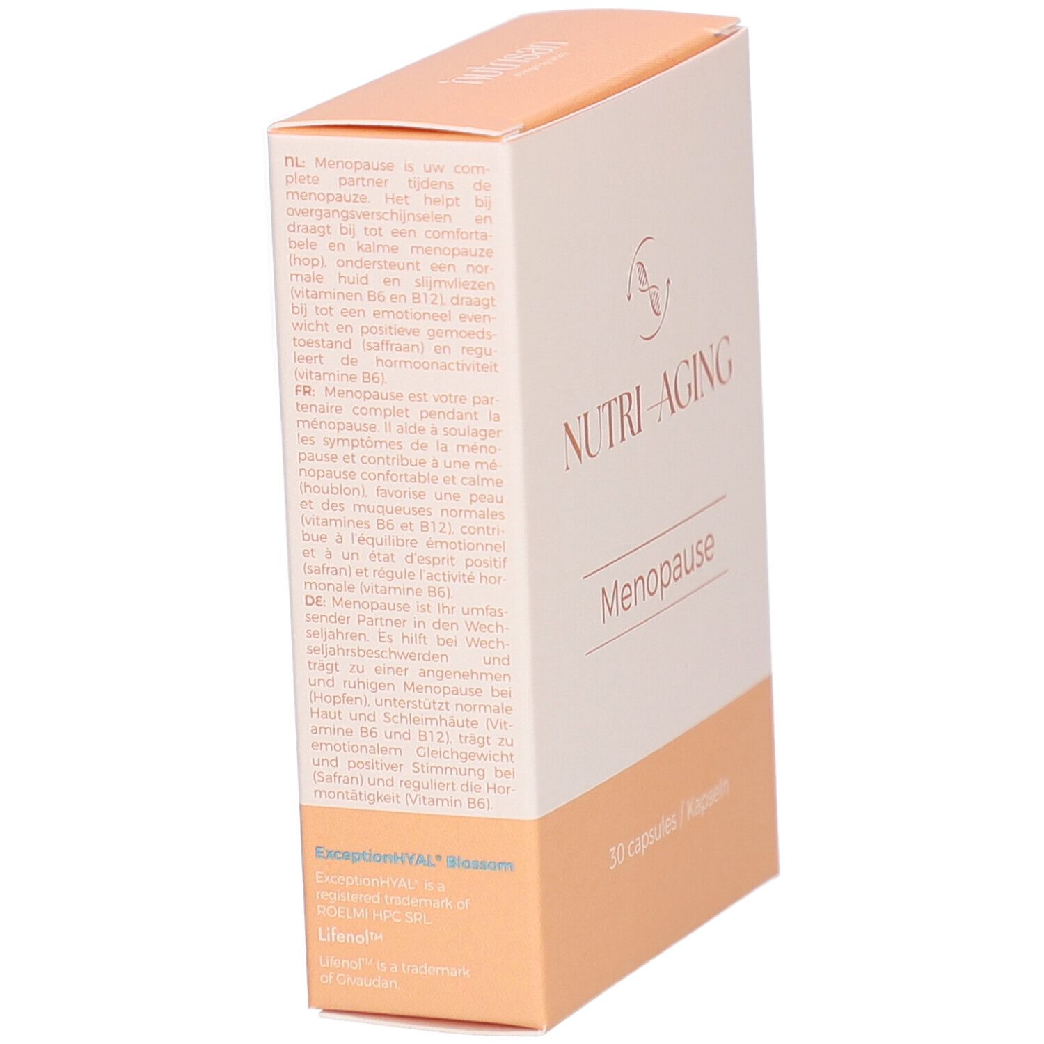 Kartonverpackung NUTRI-AGING Menopause. Text in Deutsch, Französisch und Niederländisch. Logo mit DNA-Strängen.