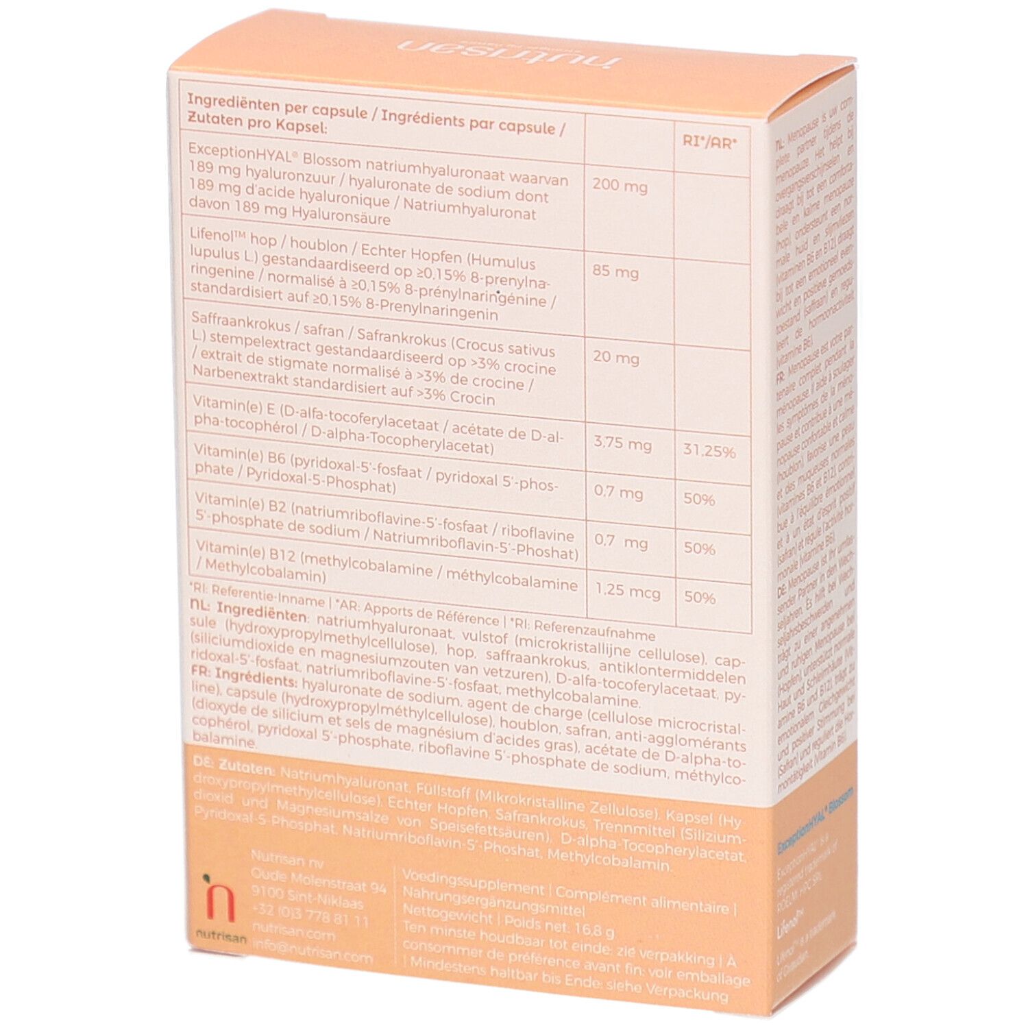 Rückseite der Verpackung. Zutatenliste pro Kapsel. Inhaltsstoffe und Prozentsätze. Text in Deutsch, Französisch und Niederländisch.