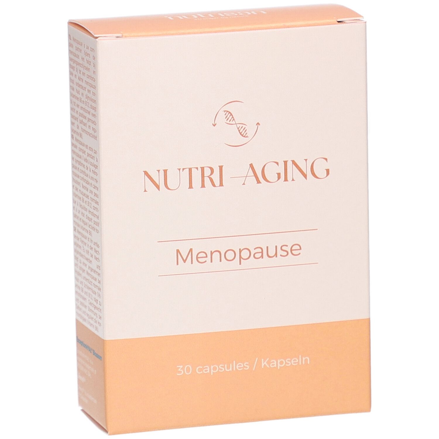 Kartonverpackung NUTRI-AGING Menopause. 30 Kapseln. Logo mit sich kreuzenden DNA-Strängen. Beige und orange.