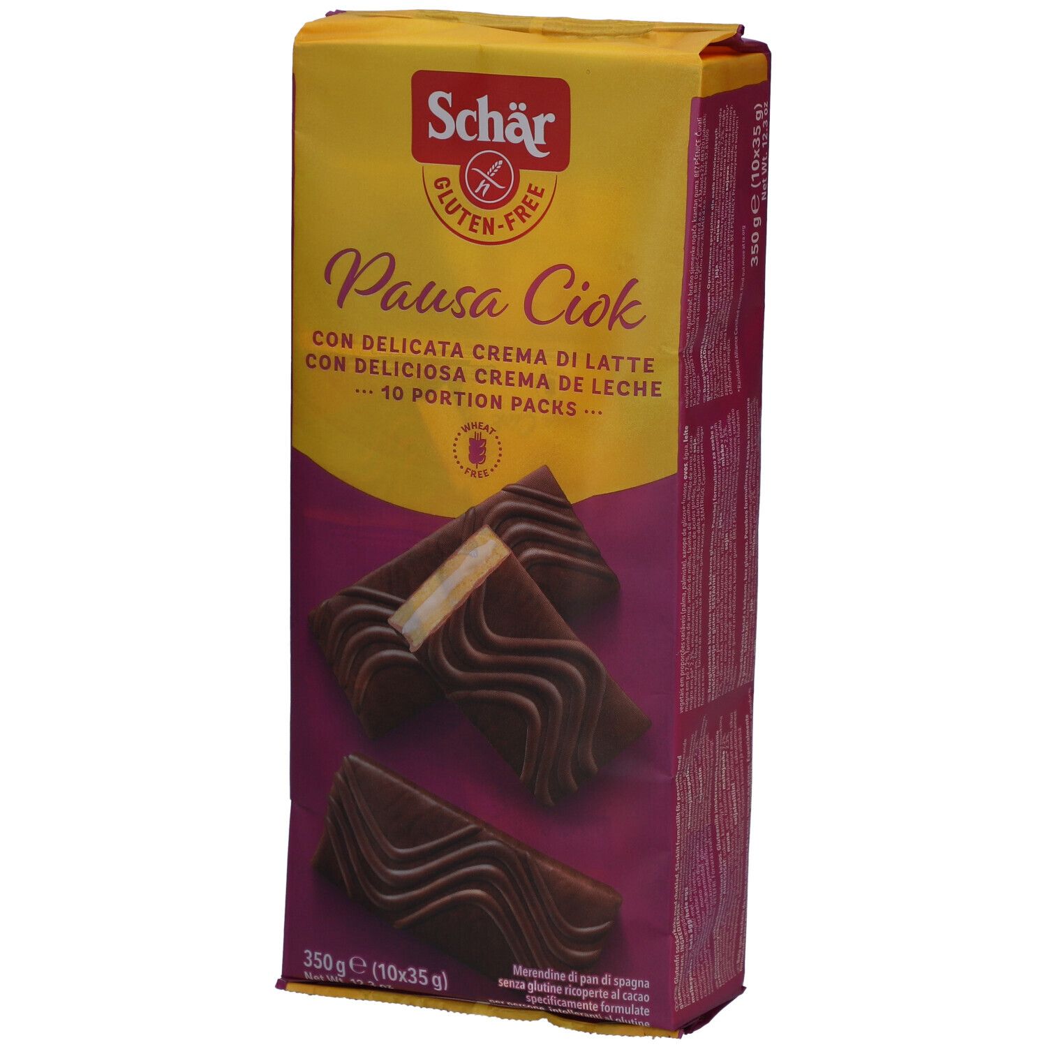 Verpackung von Schär Pausa Ciok glutenfrei. Gelb-lila Design mit Produktabbildung. Enthält 10 Portionen.