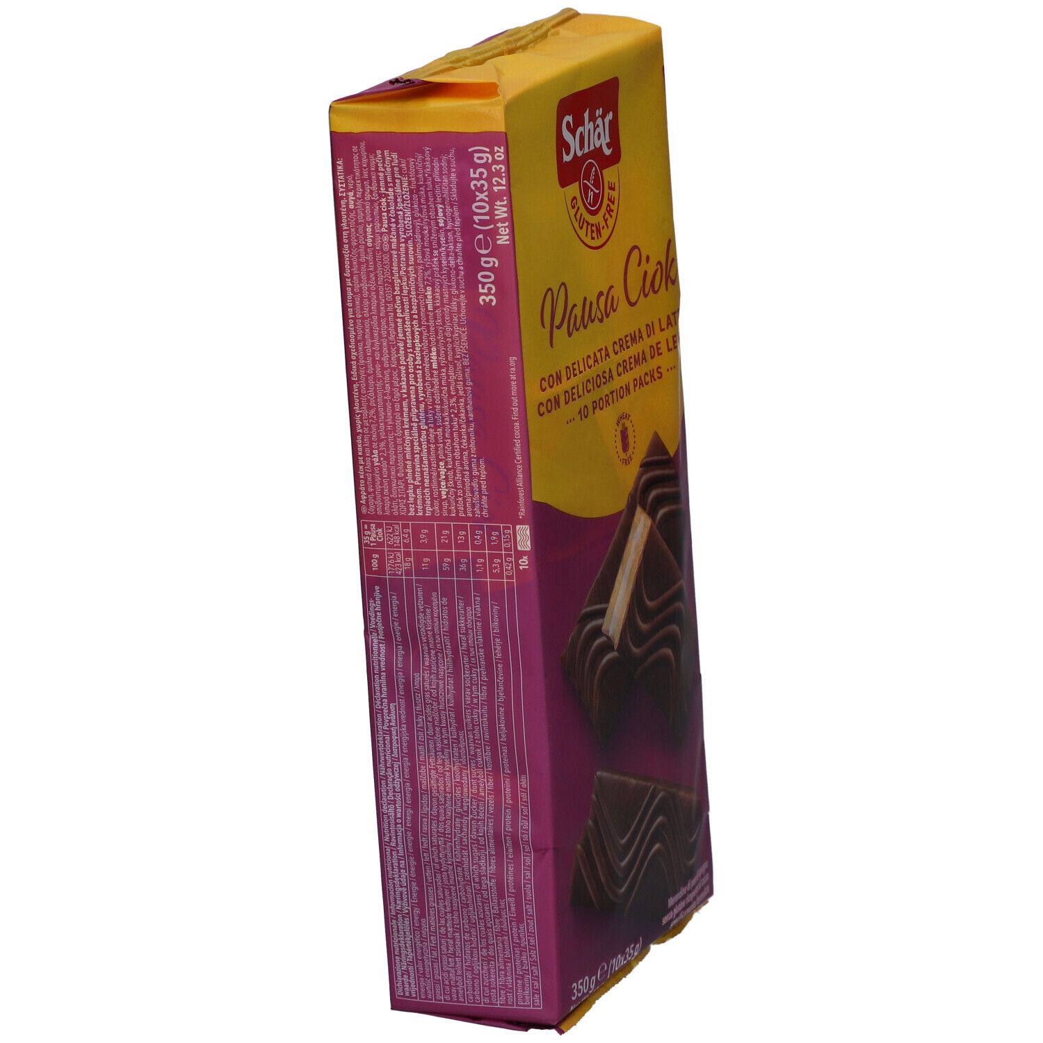 Schrägansicht der Schär Pausa Ciok Verpackung. Gelb-lila Design. Text und Produktabbildung auf der Vorderseite.