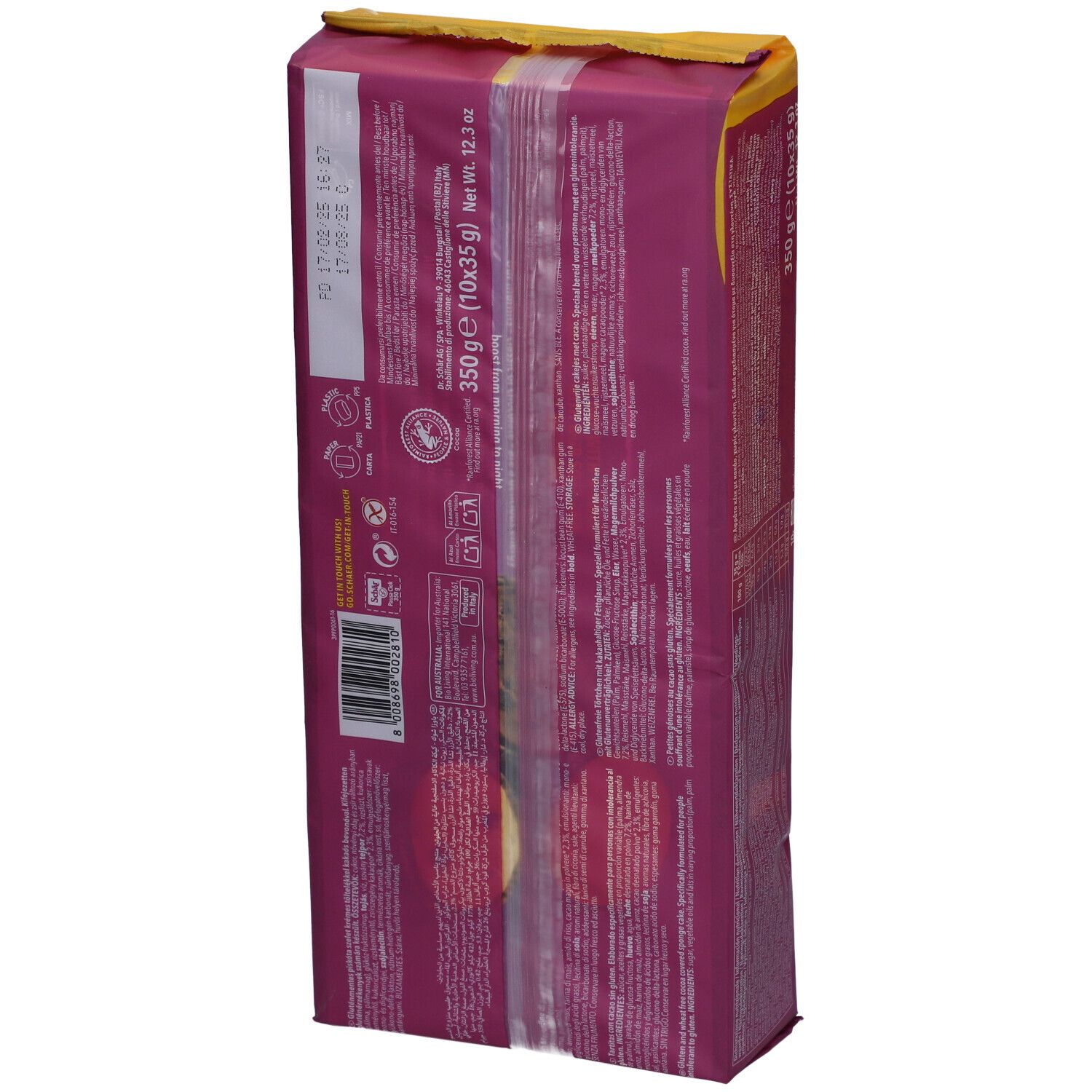 Rückseite der Schär Pausa Ciok Verpackung. Text in verschiedenen Sprachen. Angaben zu Inhaltsstoffen und Nährwerten.