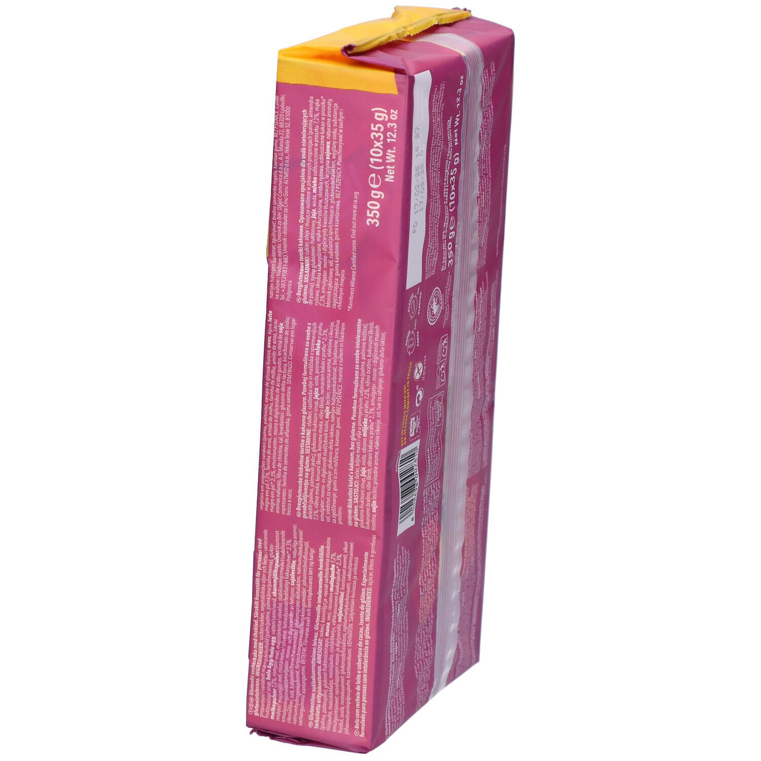 Schrägansicht der Rückseite der Schär Pausa Ciok Verpackung. Text in verschiedenen Sprachen. Angaben zu Inhaltsstoffen.