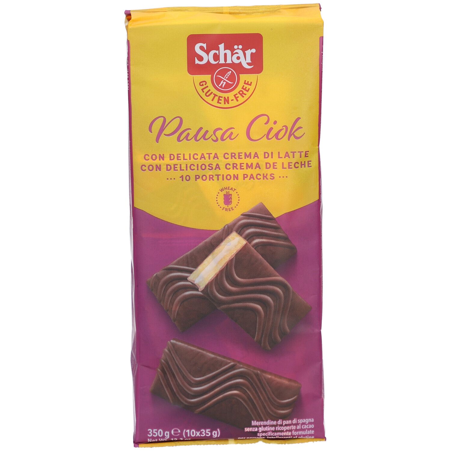 Schär Pausa Ciok Verpackung. Gelb-lila Design. Produktabbildung und Text. Glutenfrei-Logo.