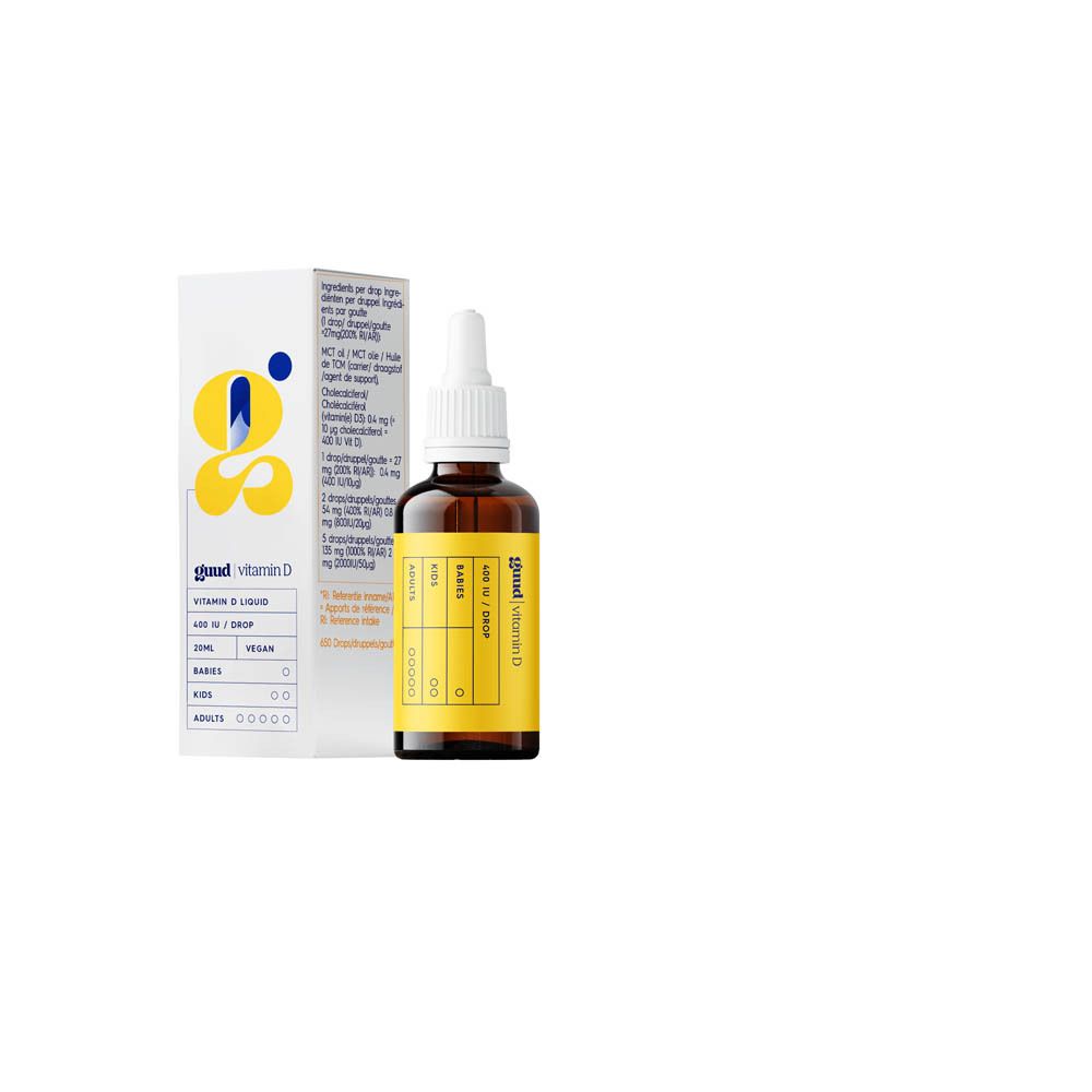 Guud Vitamin D-Tropfenflasche und Verpackung. Braune Flasche mit gelbem Etikett. Dosierpipette.