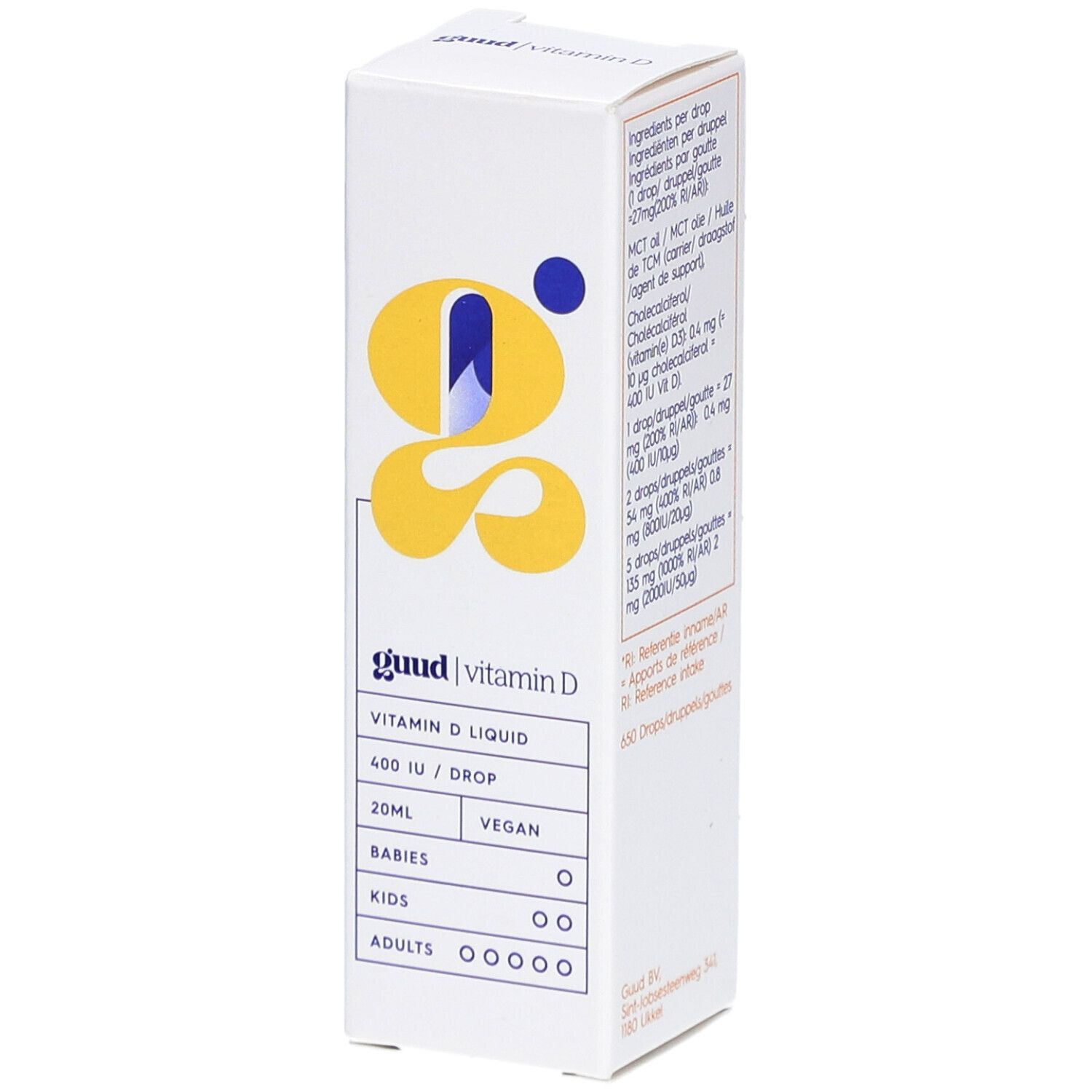 Boîte blanche de Guud vitamine D. Inscriptions : logo, nom du produit, dosage, ingrédients, végétalien.