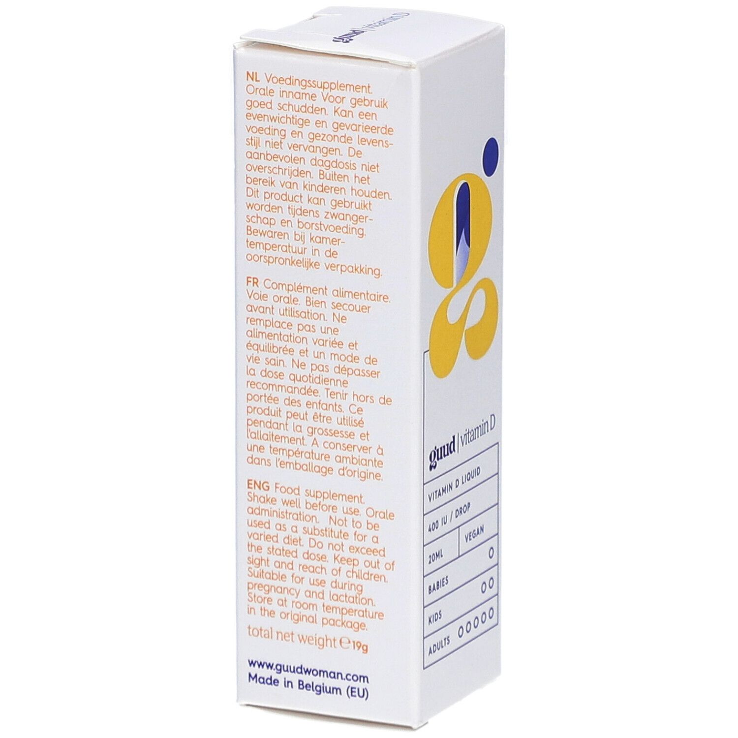 Dos de l'emballage Guud vitamine D. Texte multilingue, y compris les ingrédients et instructions d'utilisation.