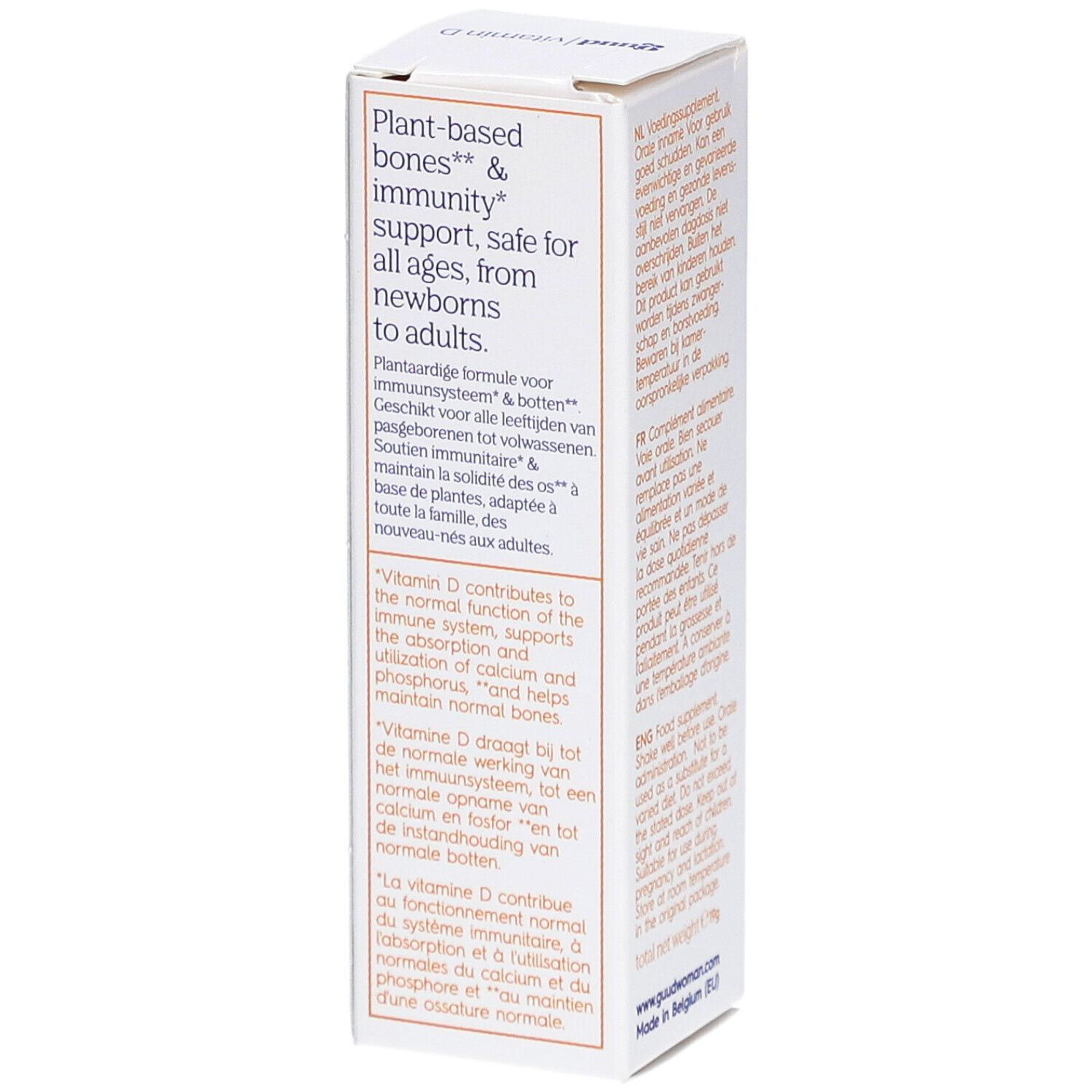 Emballage Guud vitamine D avec texte sur le soutien osseux et immunitaire. Convient à tous les âges.
