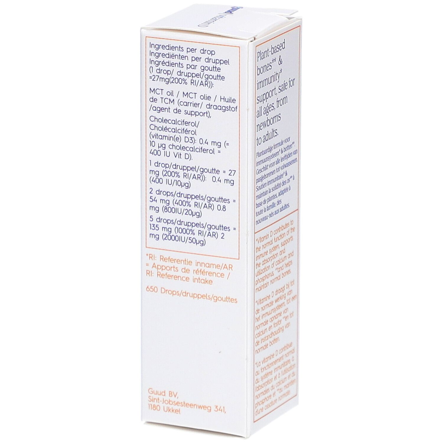 Emballage Guud vitamine D avec informations sur les ingrédients par goutte. Contient de l'huile MCT et du cholécalciférol.