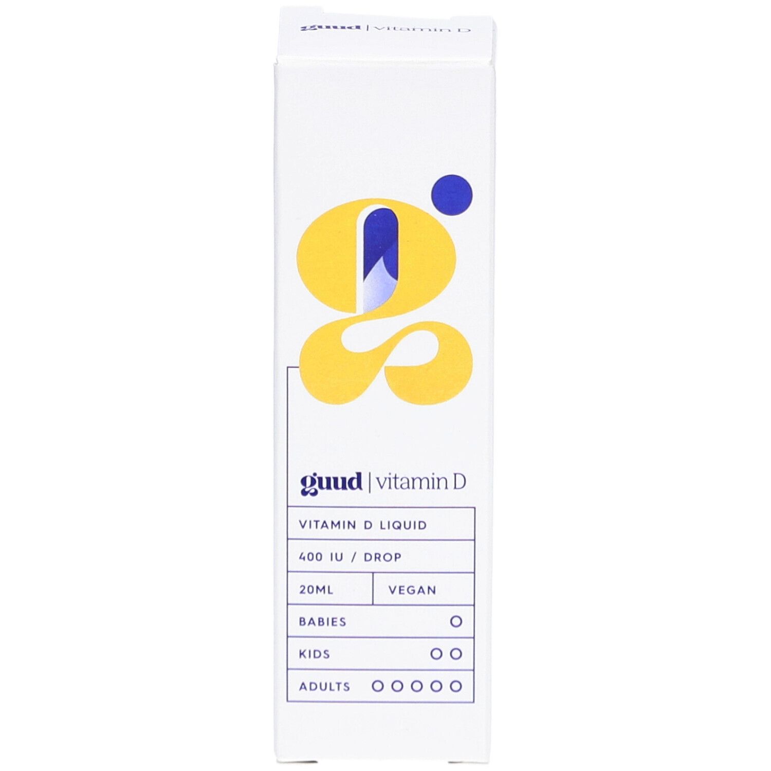 Guud vitamine D liquide dans une boîte blanche. Inscriptions : logo, nom du produit, dosage, ingrédients, végétalien.