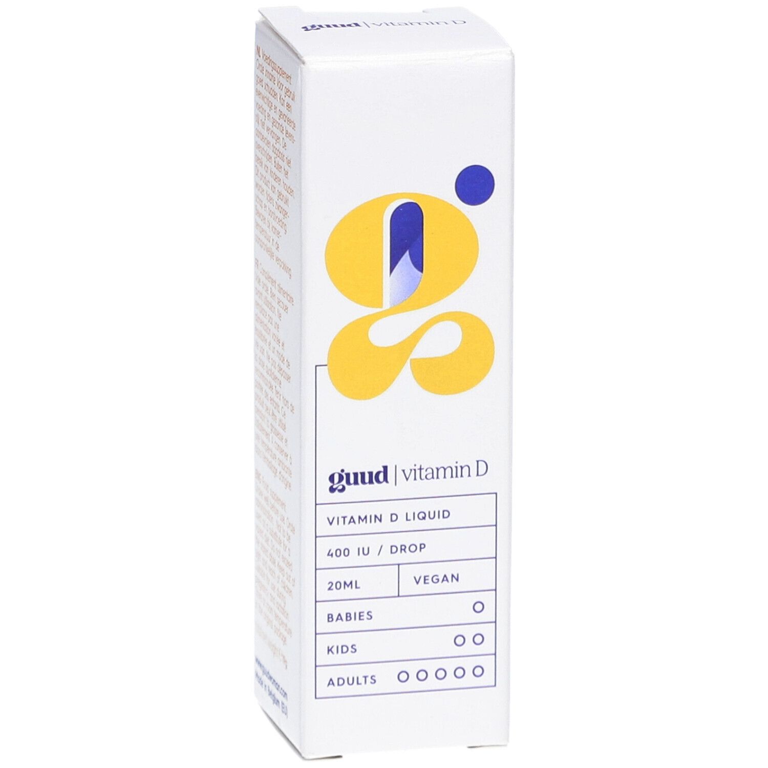 Guud vitamine D liquide dans une boîte blanche. Inscriptions : logo, nom du produit, dosage, ingrédients, végétalien.