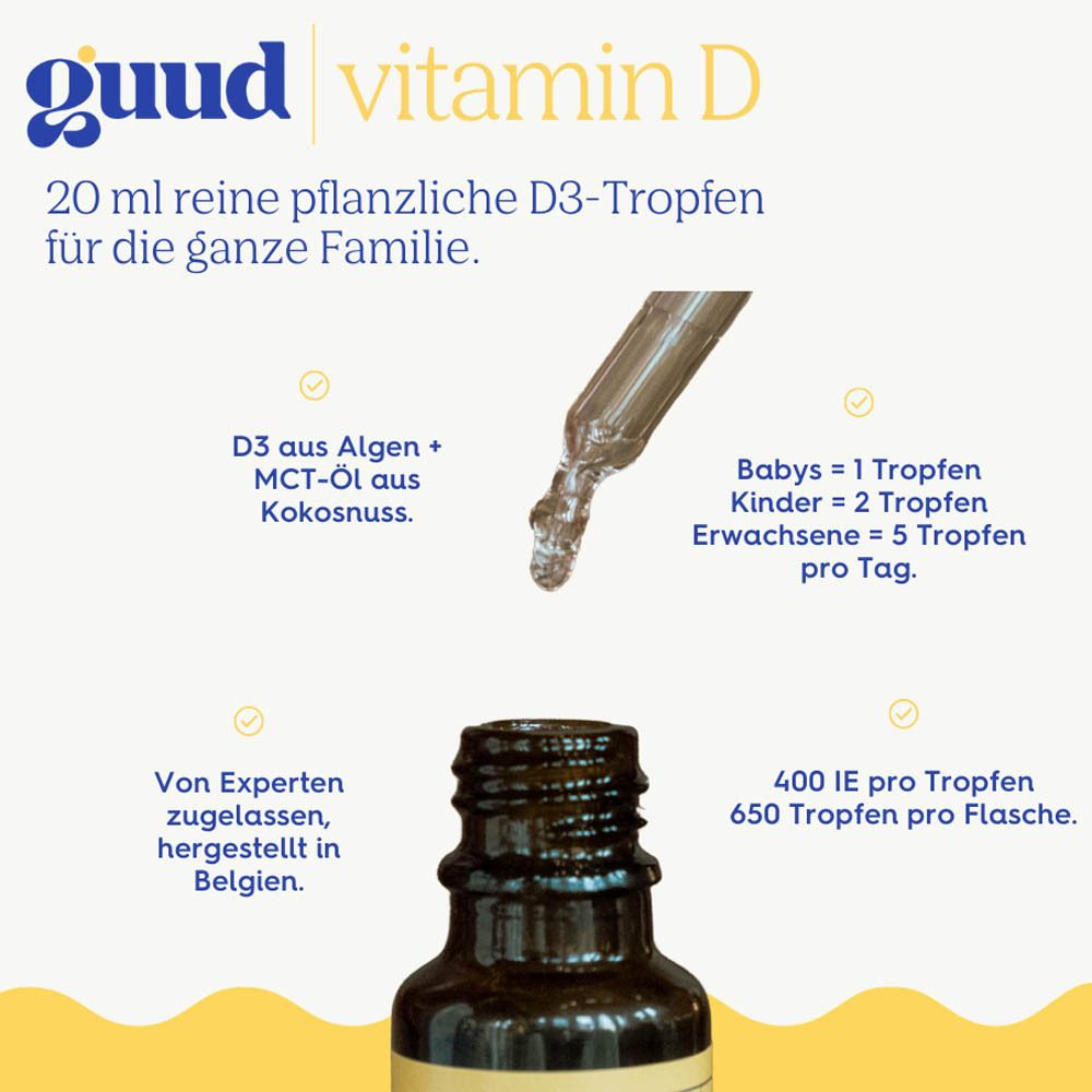 Guud Vitamin D-Tropfenflasche mit Text. 20 ml, reine pflanzliche D3-Tropfen. Dosierung für Babys, Kinder, Erwachsene.