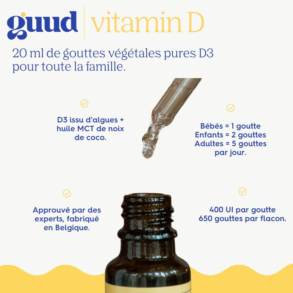 Flacon de gouttes Guud vitamine D avec texte. 20 ml, gouttes D3 végétales pures. Dosage pour bébés, enfants, adultes.