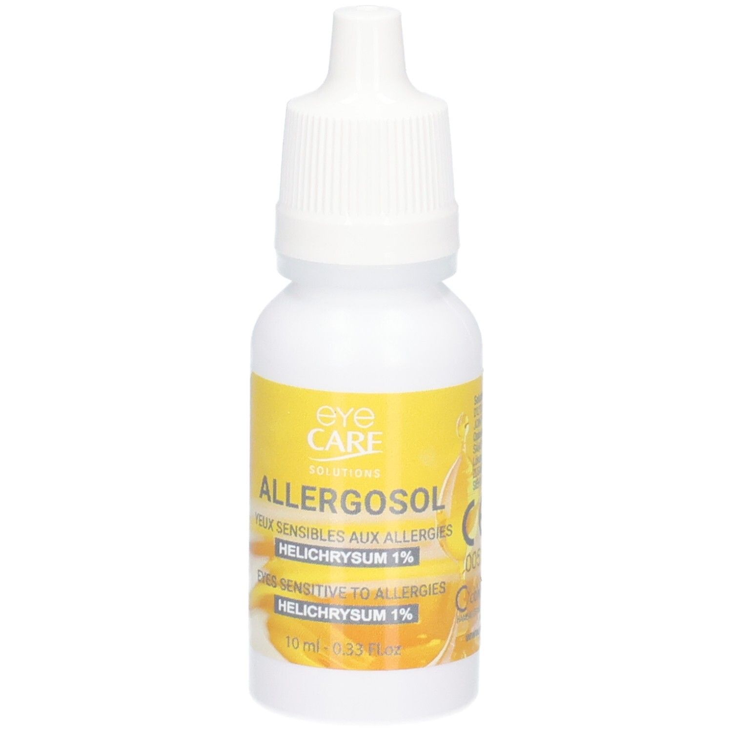 Weiße Tropfflasche mit gelbem Etikett für Allergosol Augentropfen, 10 ml.