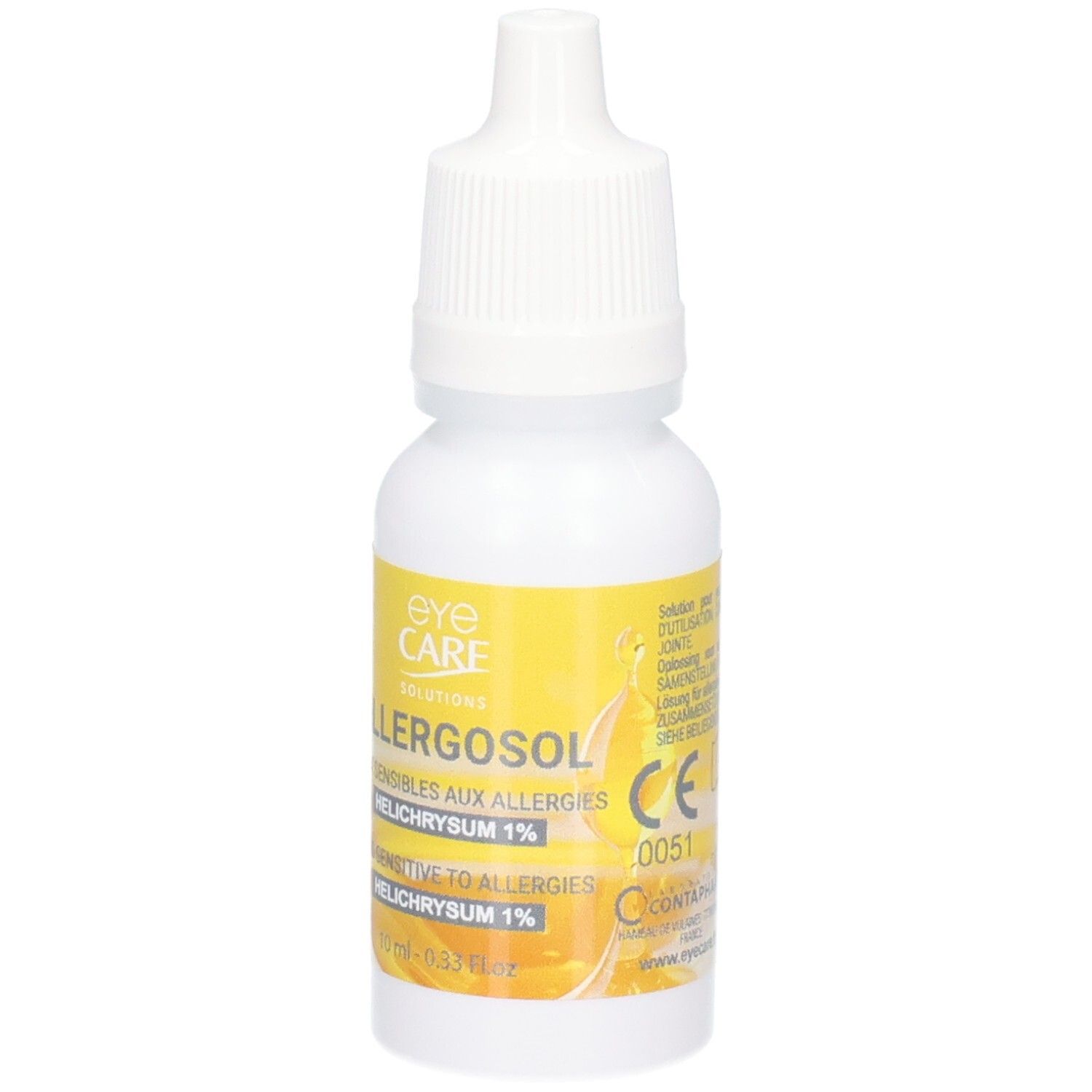 Weiße Tropfflasche mit gelbem Etikett, CE-Zeichen und Produktname Allergosol sichtbar.