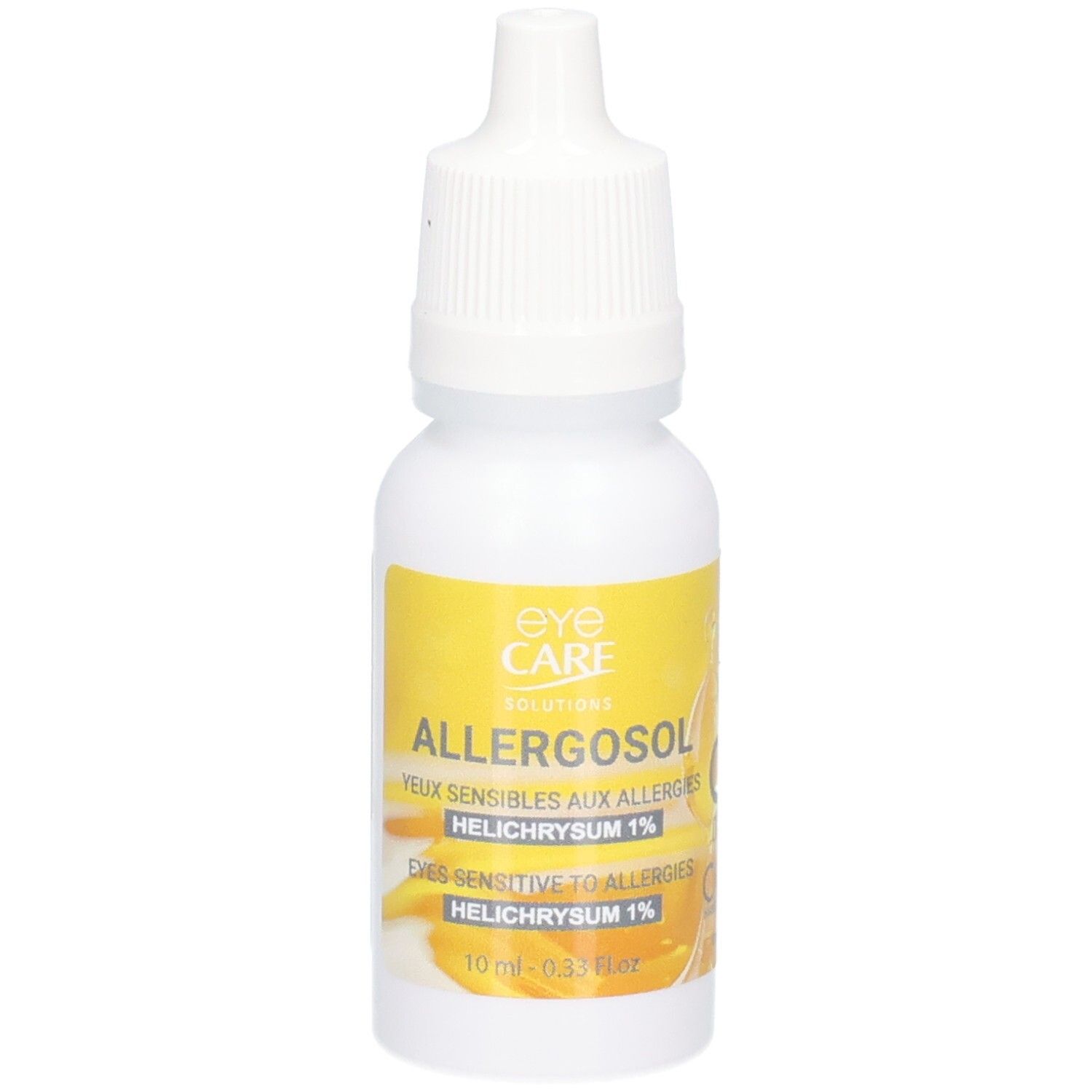 Weiße Tropfflasche mit gelbem Etikett, Produktname Allergosol und Helichrysum 1% sichtbar.