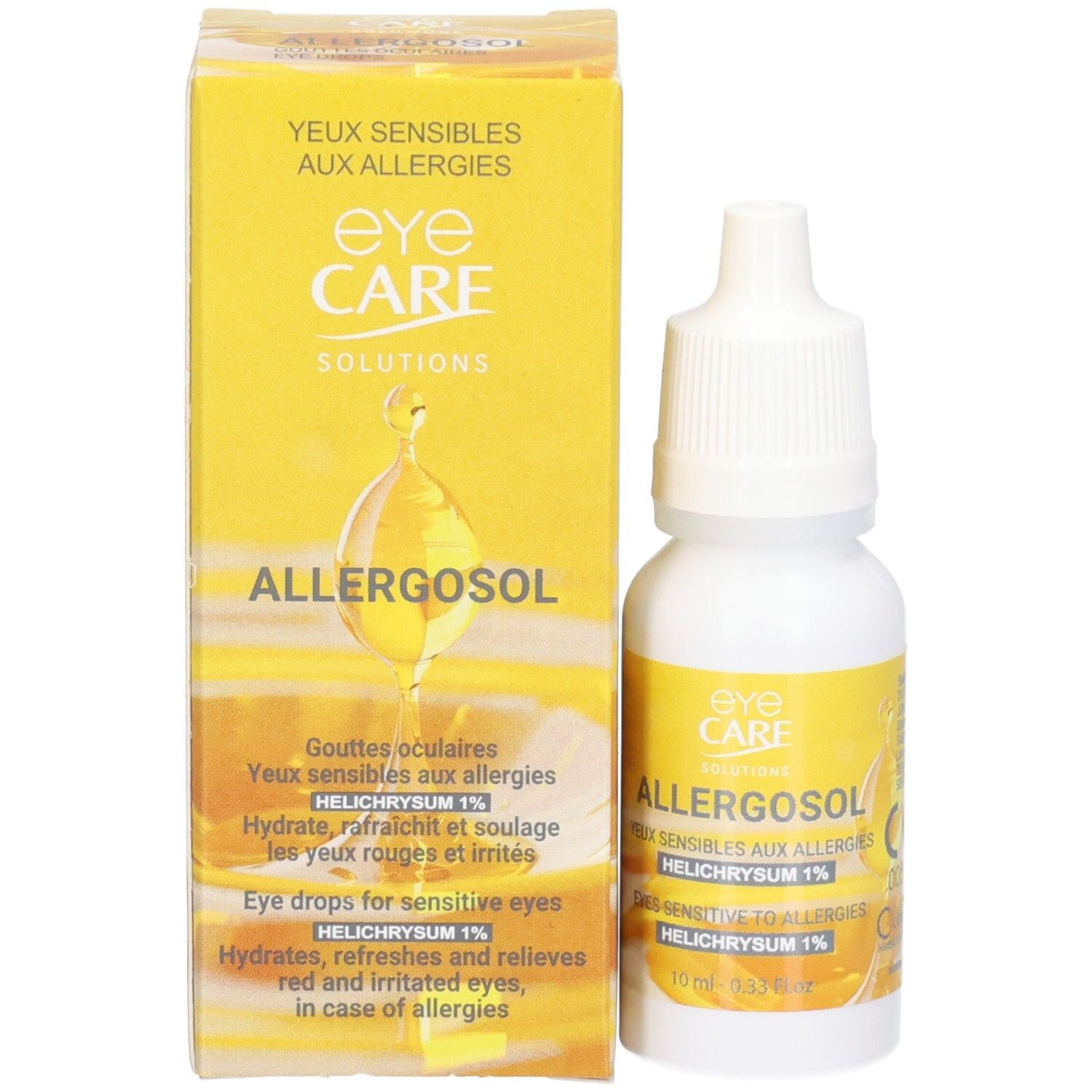 Weiße Tropfflasche mit gelbem Etikett, Produktname Allergosol und Helichrysum 1% sichtbar.