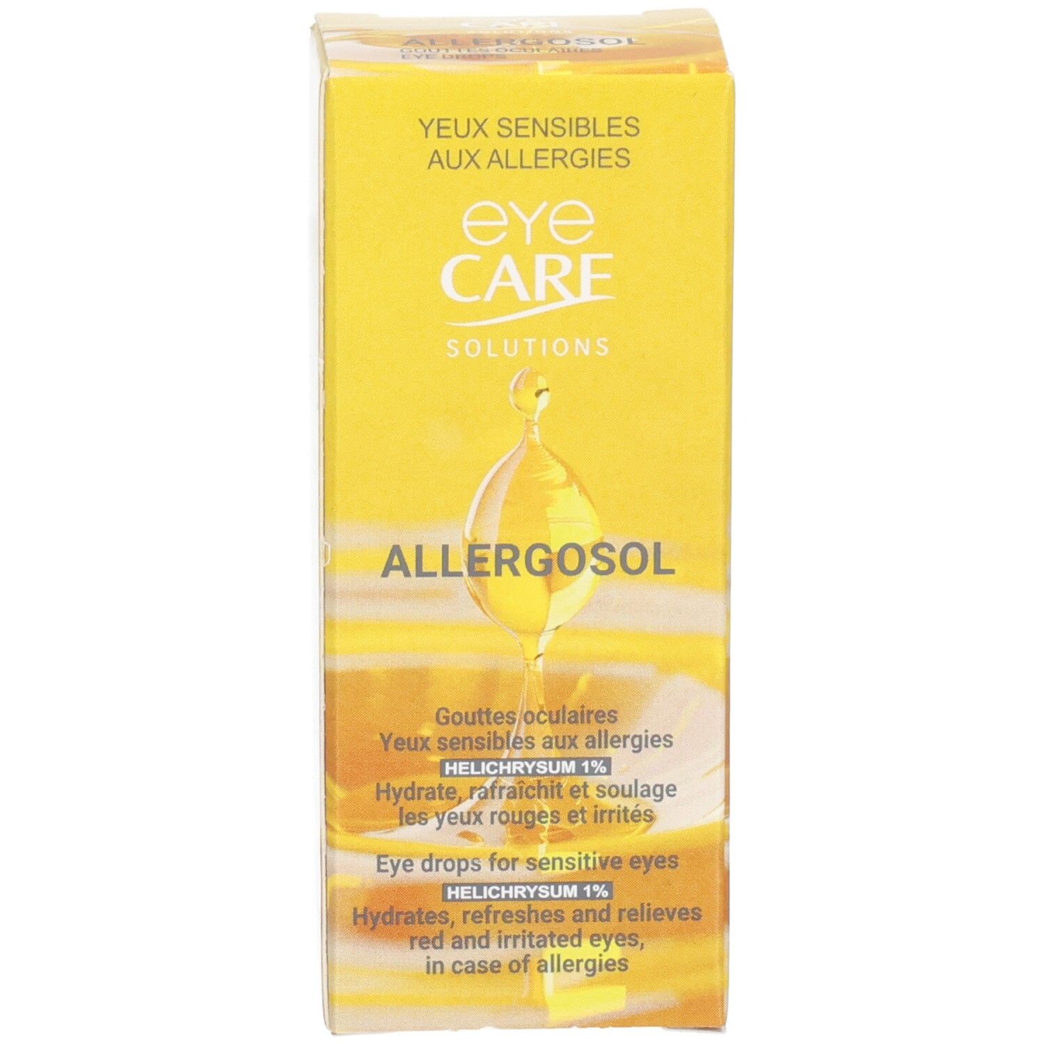 Allergosol Augentropfen-Flasche und Verpackung, gelbes Design mit Tropfenmotiv.
