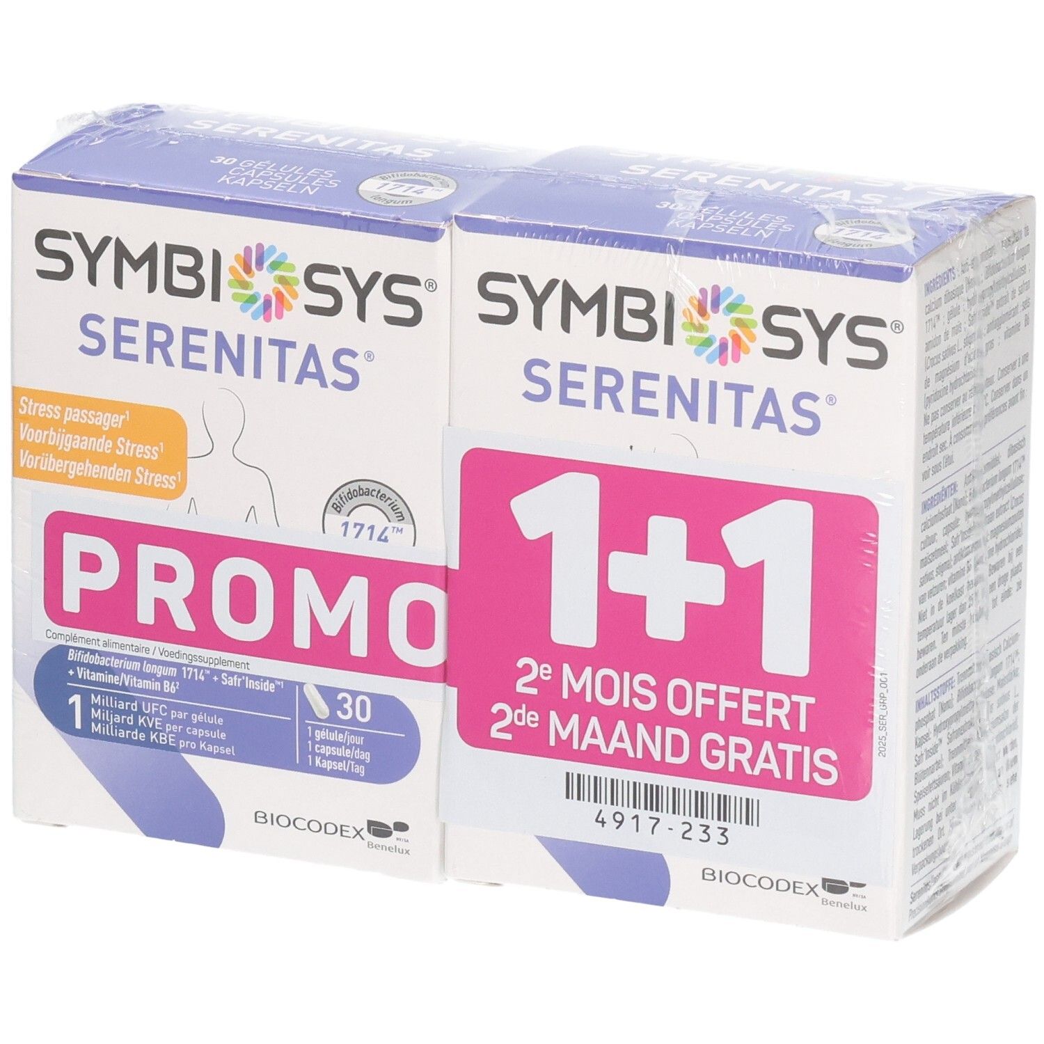 Zwei Packungen Symbiosys Serenitas Kapseln, 1+1 Promo. Eine Packung zeigt "PROMO" und 30 Kapseln.