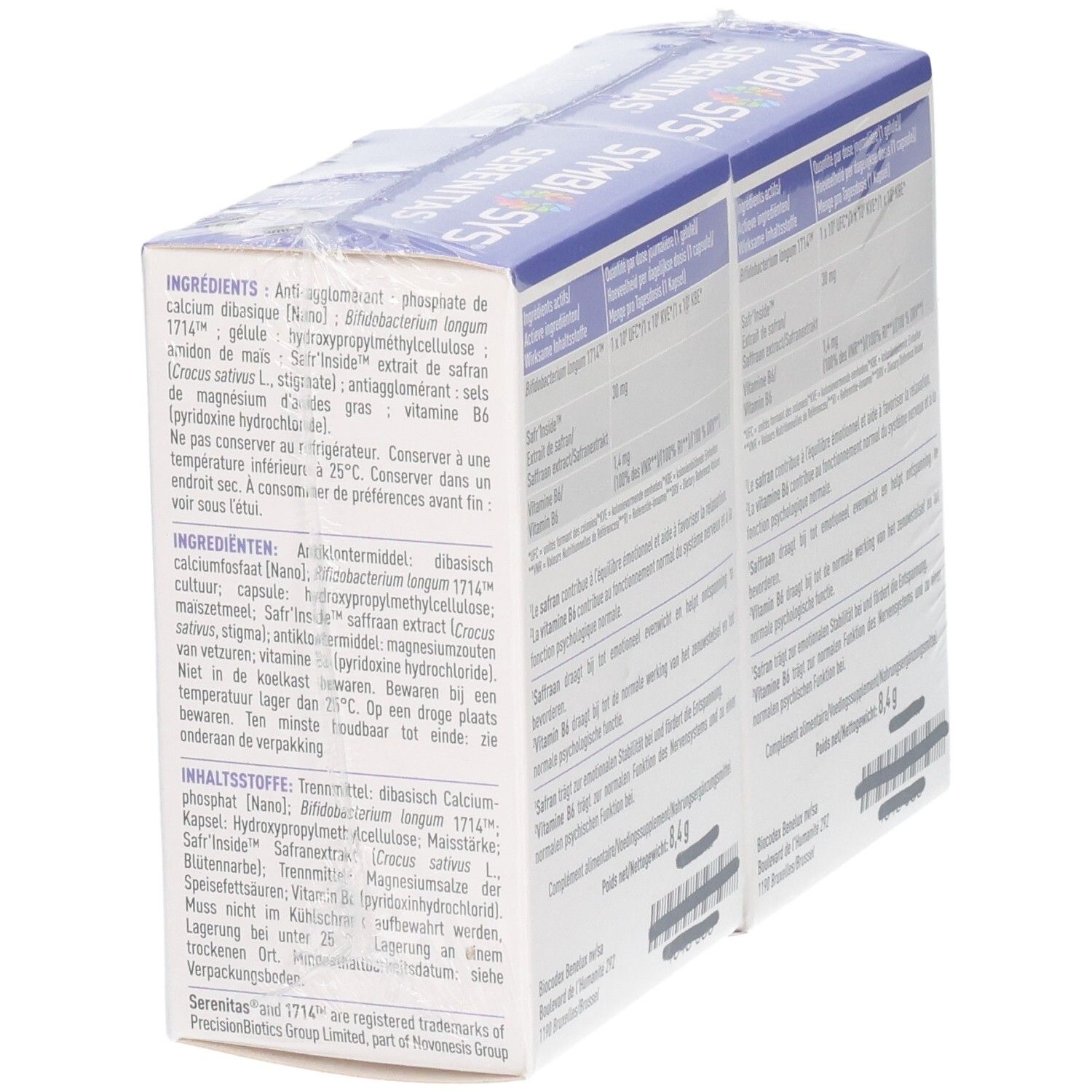 Seitenansicht zweier Packungen Symbiosys Serenitas Kapseln mit detaillierten Inhaltsangaben.