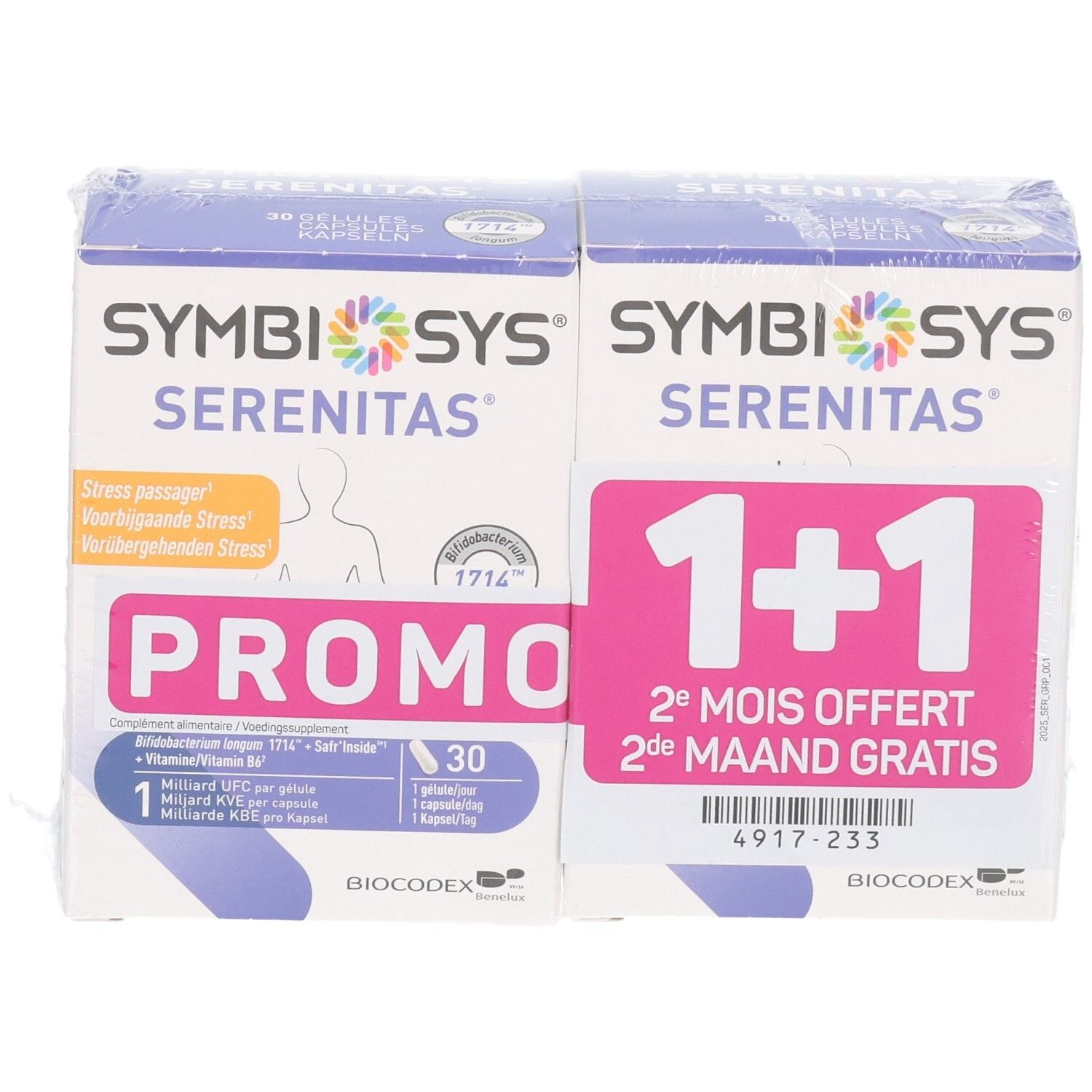 Vorderansicht zweier Packungen Symbiosys Serenitas Kapseln, Promo 1+1. Eine Packung zeigt "PROMO" und 30 Kapseln.
