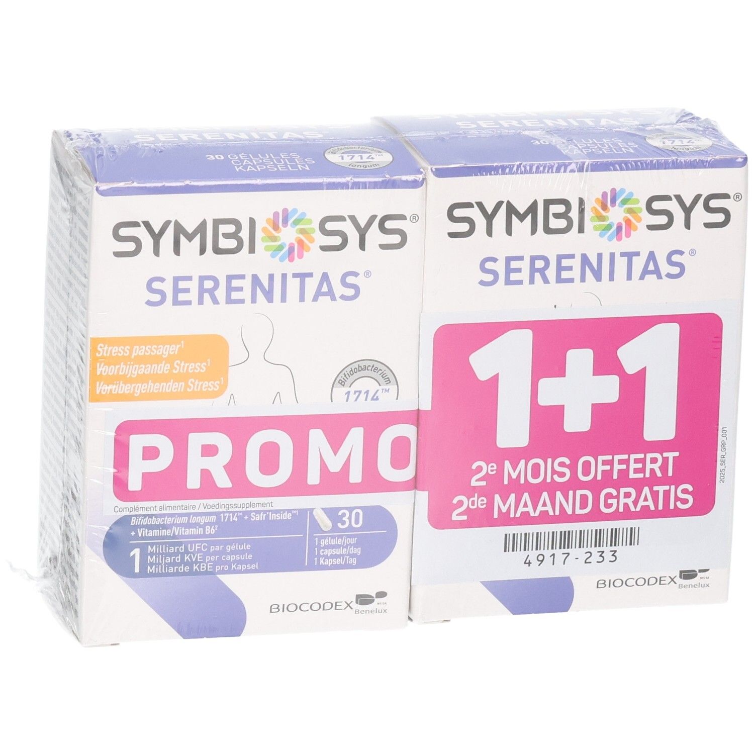 Vorderansicht zweier Packungen Symbiosys Serenitas Kapseln, Promo 1+1. Eine Packung zeigt "PROMO" und 30 Kapseln.