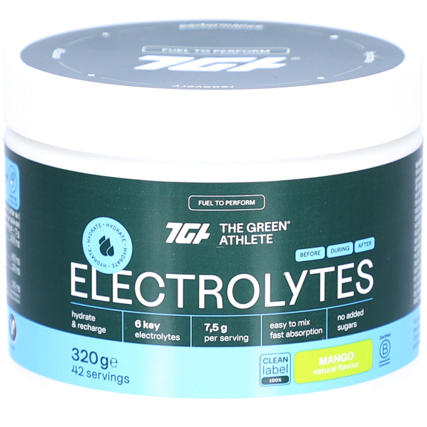 Weißes, rundes Gefäß mit grünem Etikett. Aufschrift: Electrolytes, 6 Elektrolyte, 320g, Mango. Marke: The Green Athlete.
